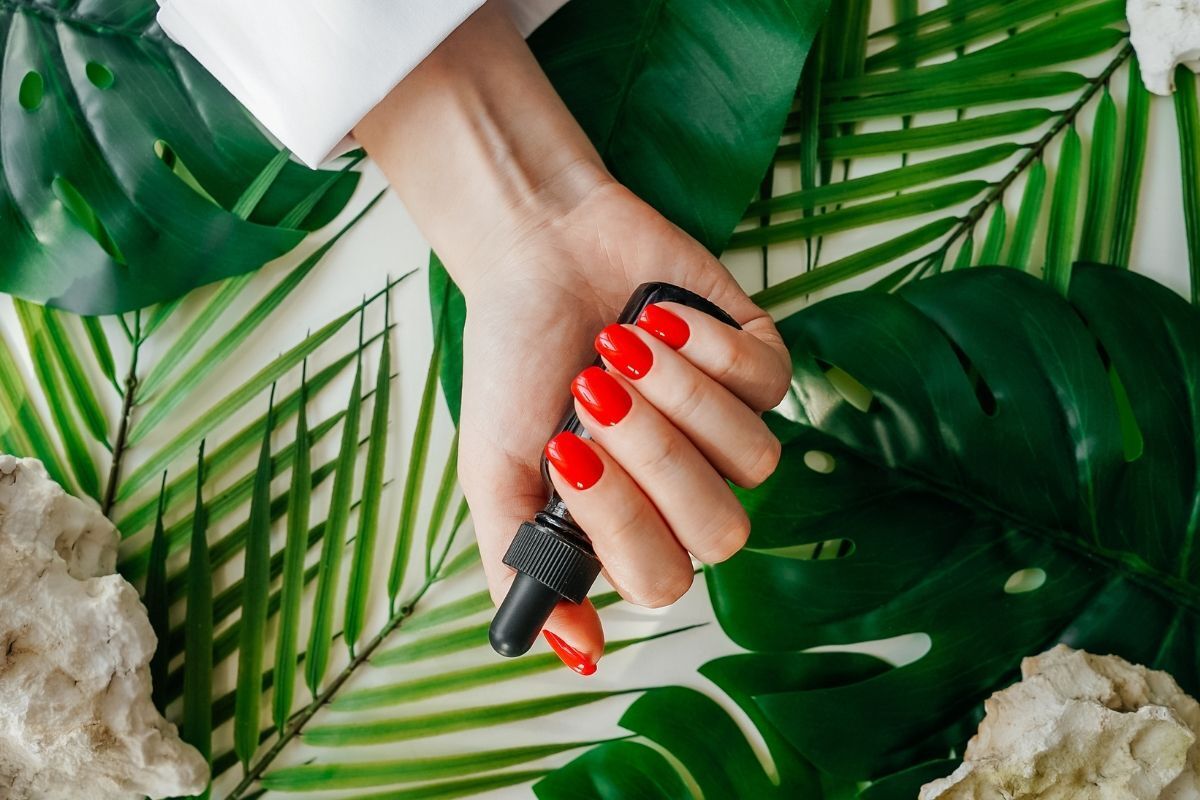 Những mẫu nail Tết cực xinh bàn tay sơn móng màu đỏ đang cầm lọ sơn móng phía sau là lá cây cọ mà xanh và đá vôi màu trắng