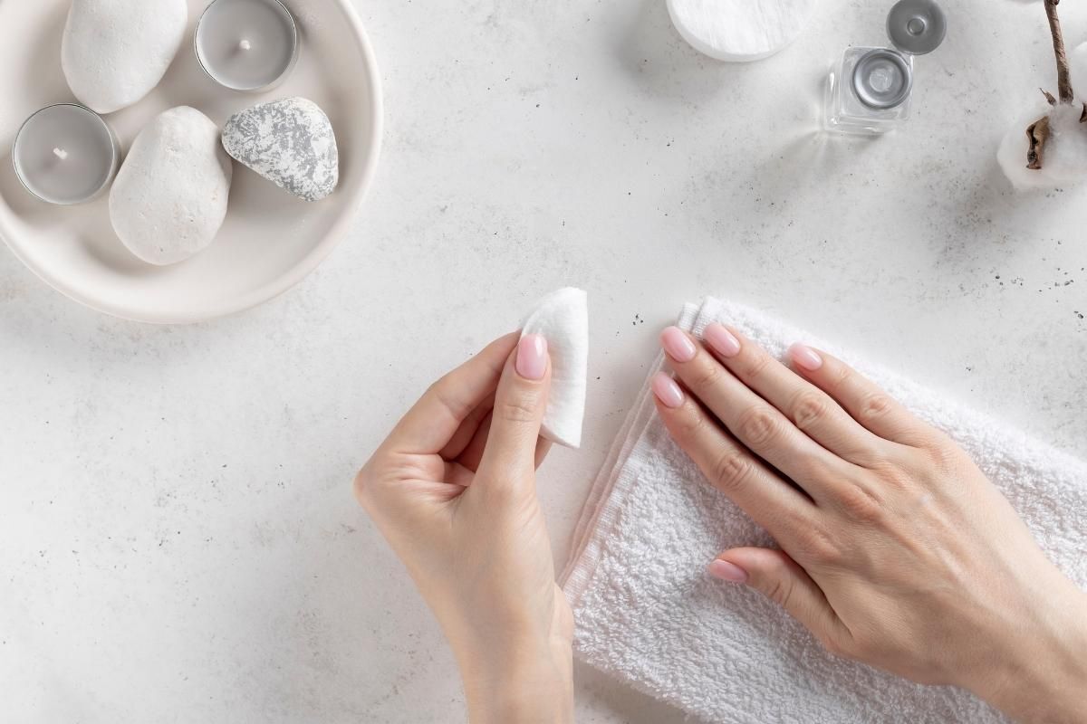 Cách tẩy sơn móng tay bàn tay phải đang đặt trên khăn trắng và bàn tay trái cầm miếng bông