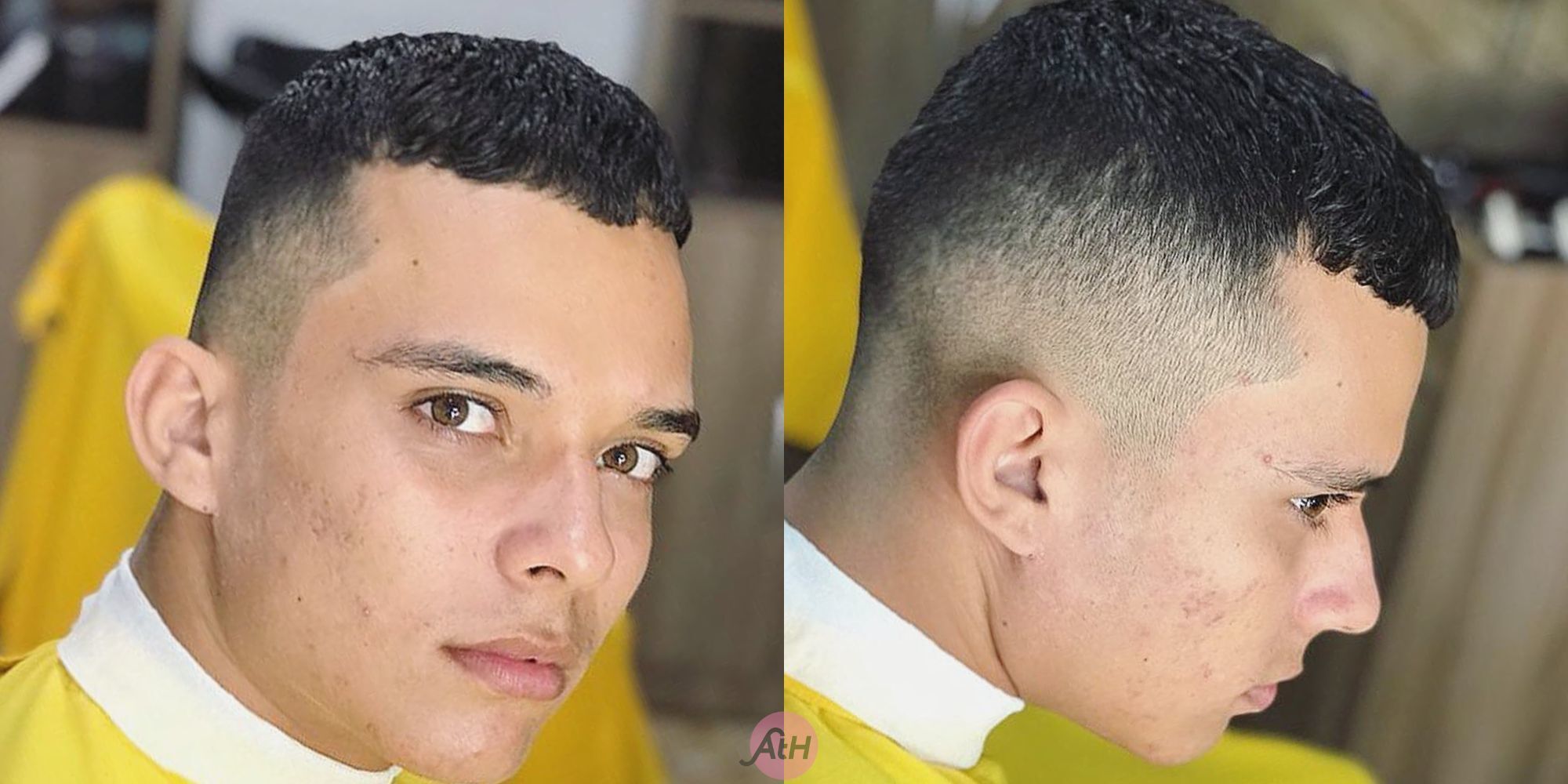 pria dengan potongan rambut caesar cut keriting