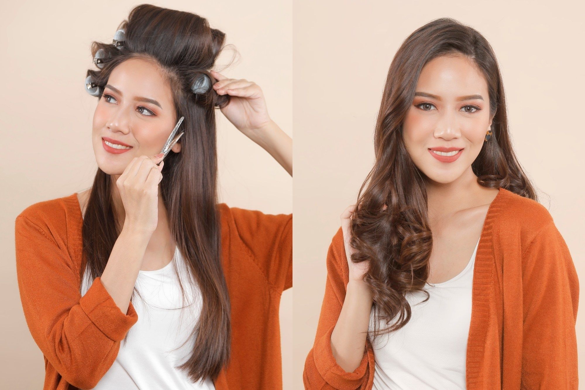 wanita asia sedang menggunakan rol rambut