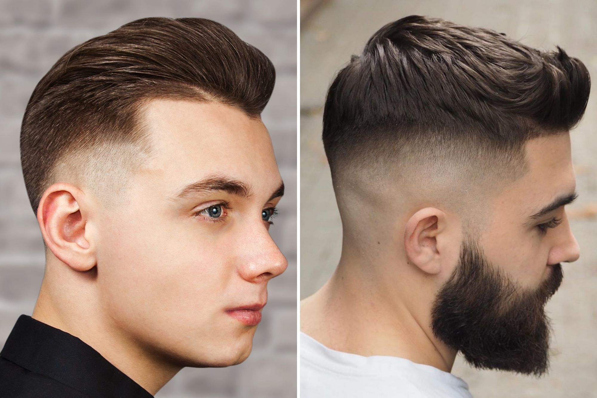 perbandingan antara pria kaukasia dengan gaya rambut pompadour dan pria kaukasia dengan gaya rambut quiff