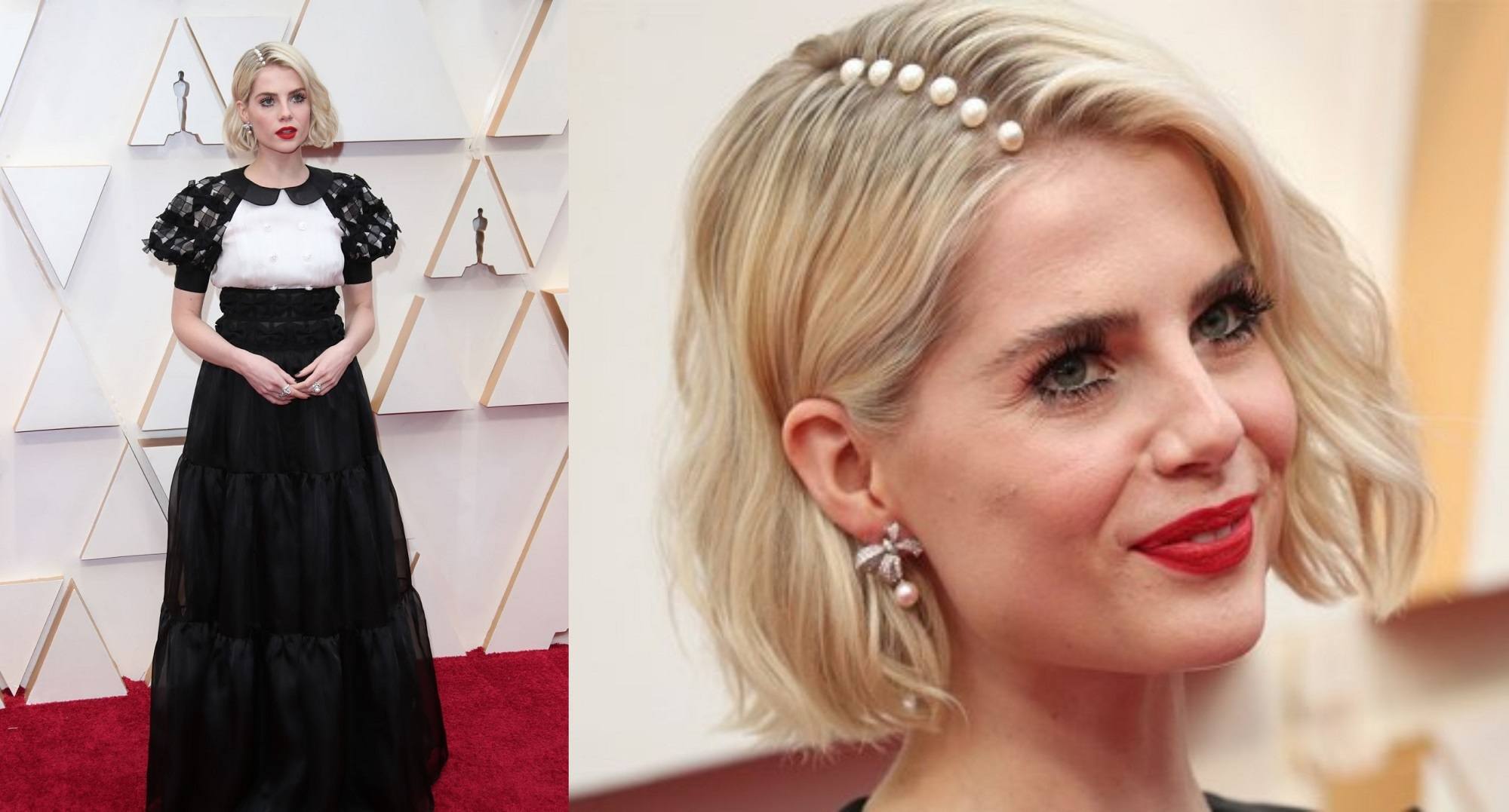 Aksen pearl membuat penampilan Lucy Boynton jadi tak biasa! (Foto; Getty Images)