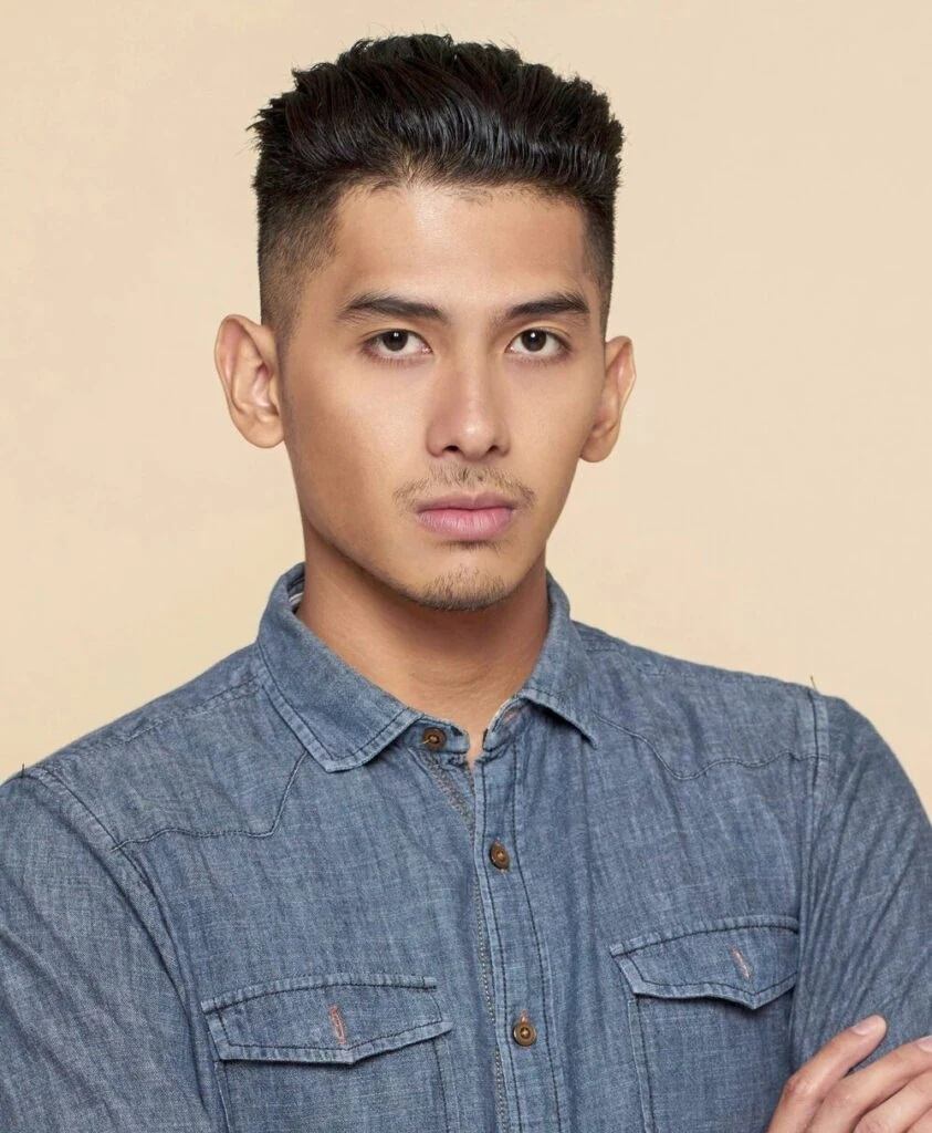 Pria Asia dengan gaya rambut klimis slick back yang disisir ke belakang.