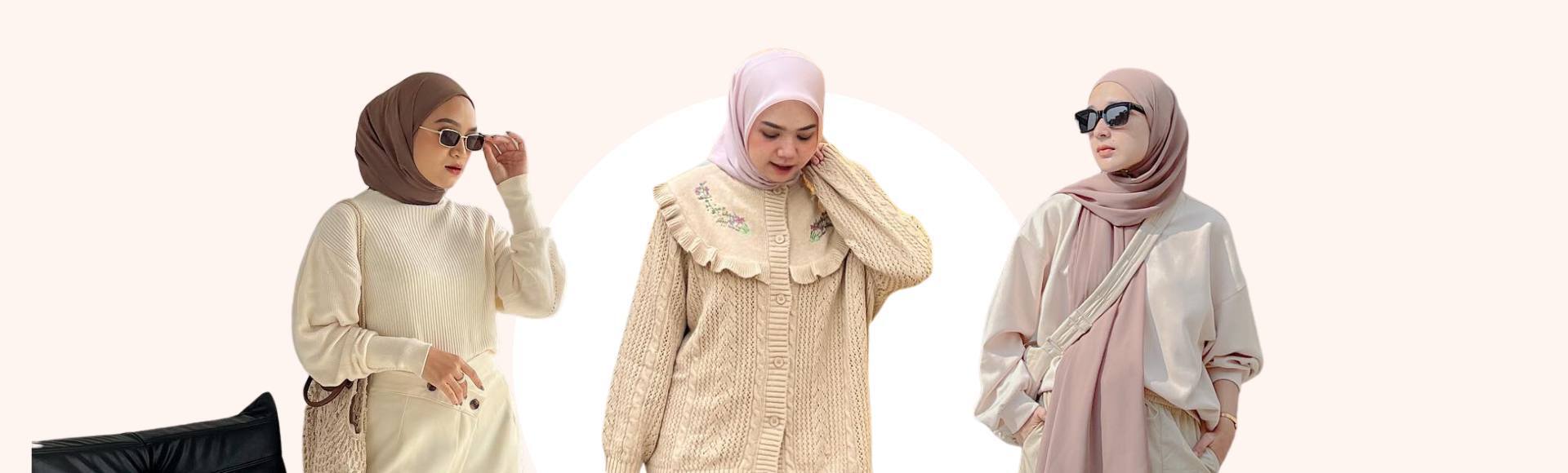Kumpulan wanita berhijab mengenakan baju warna cream.