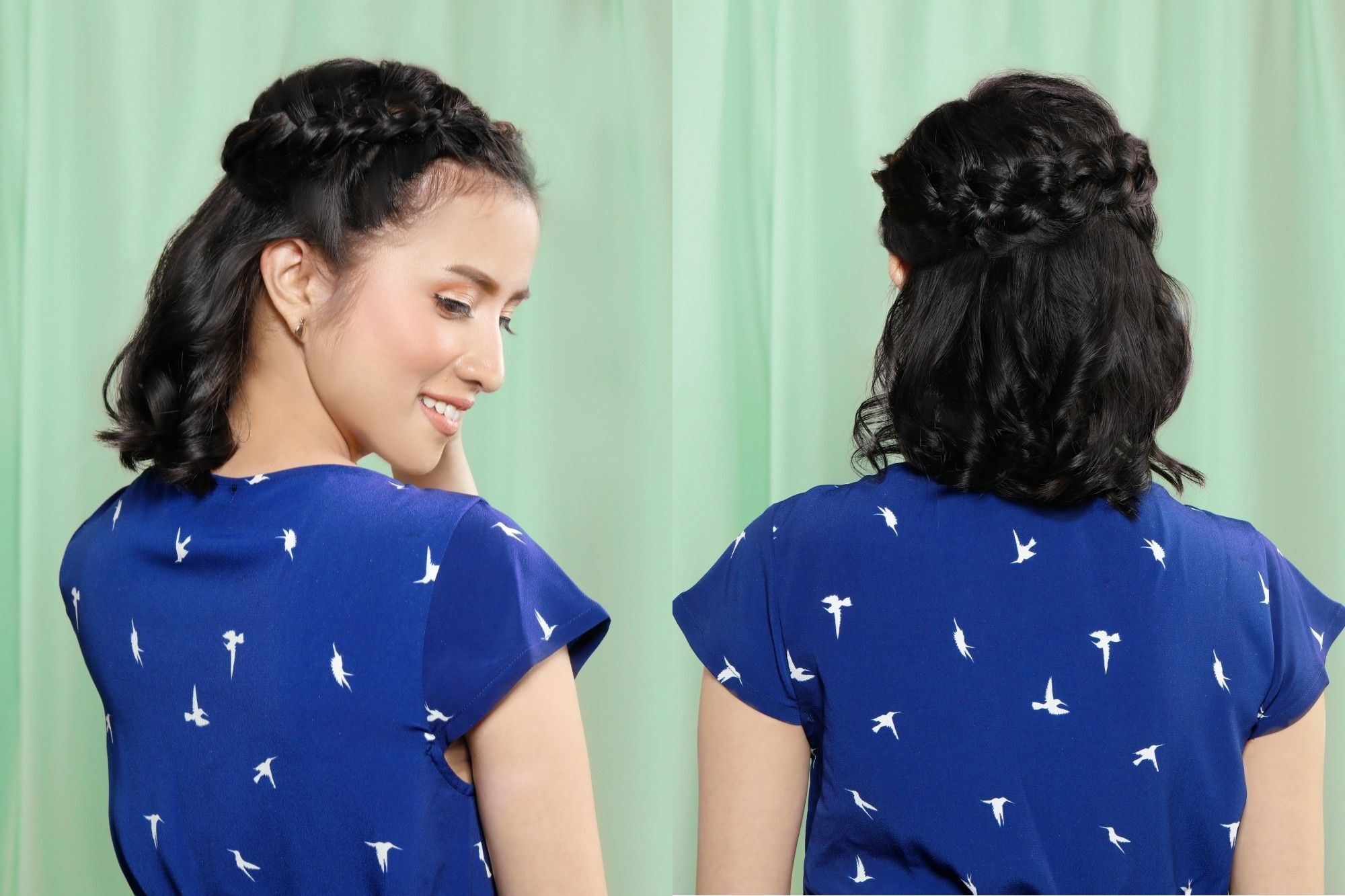 Wanita asia dengan Half up dutch crown braid
