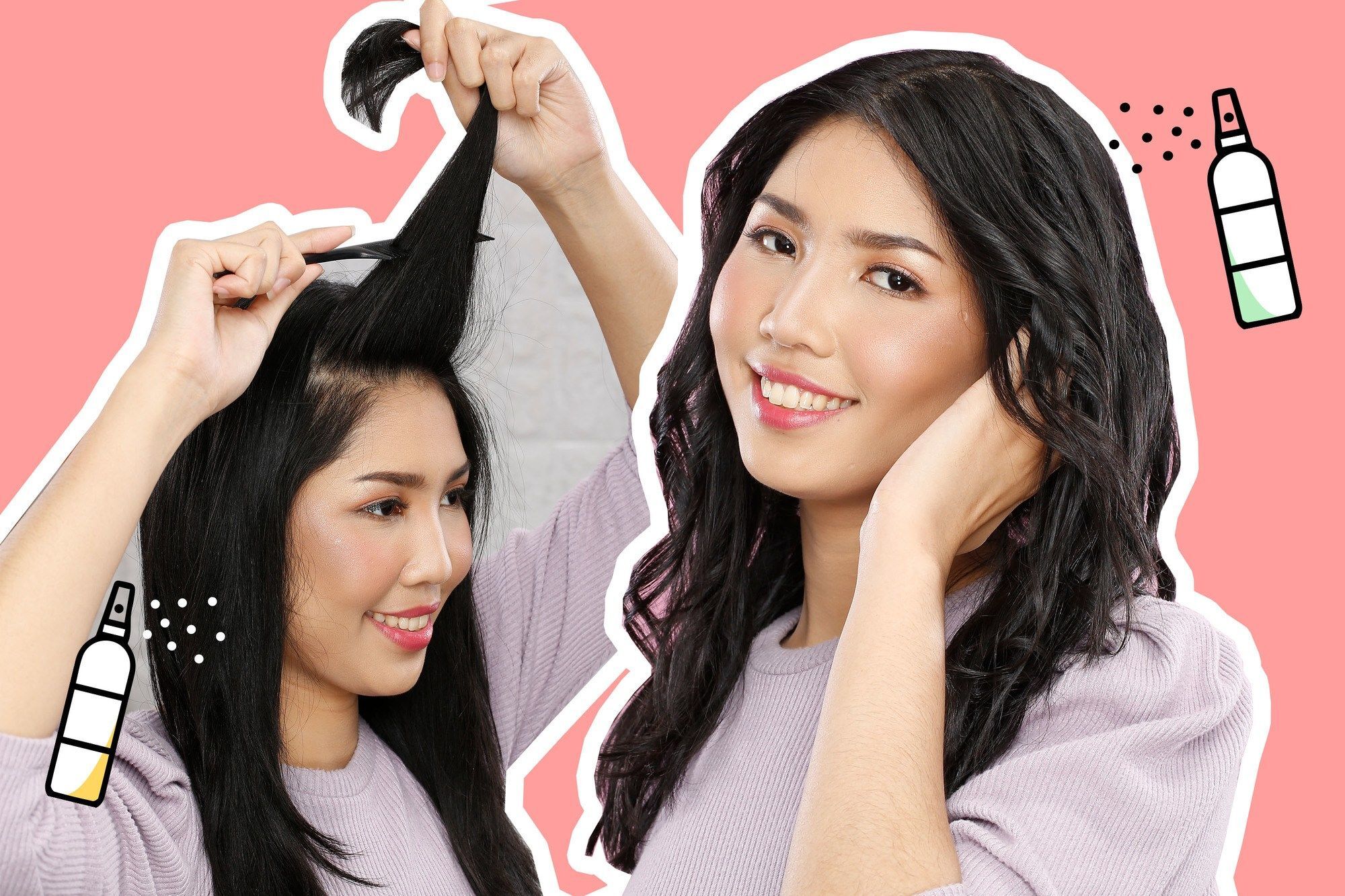 wanita asia dengan rambut panjang sedang menggunakan hairspray