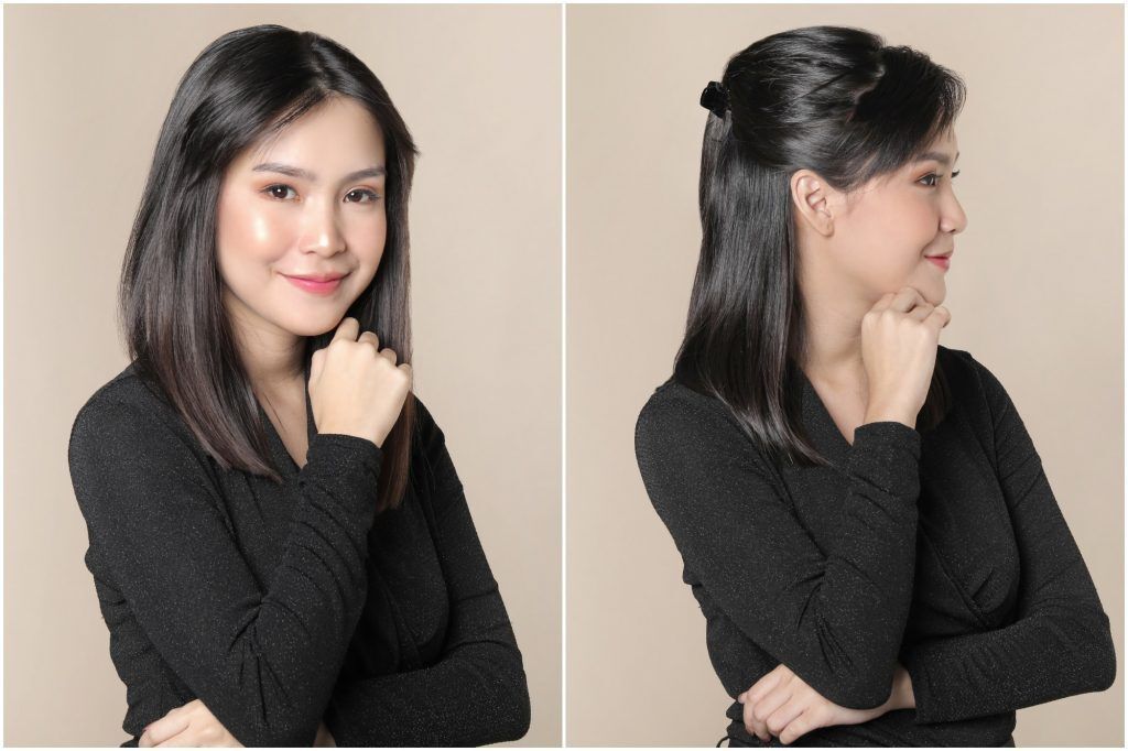 wanita asia menunjukkan hasil cara menambah volume rambut