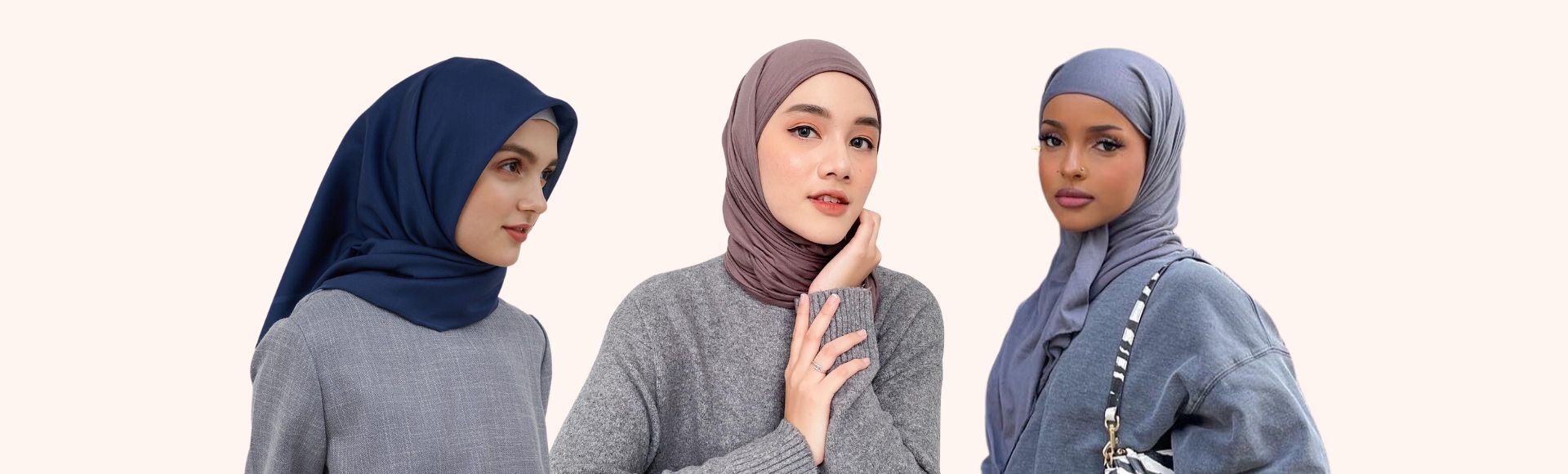 Kumpulan warna berhijab mengenakan baju warna abu-abu dan padanan jilbab warna biru navy, mauve dan abu-abu tua.