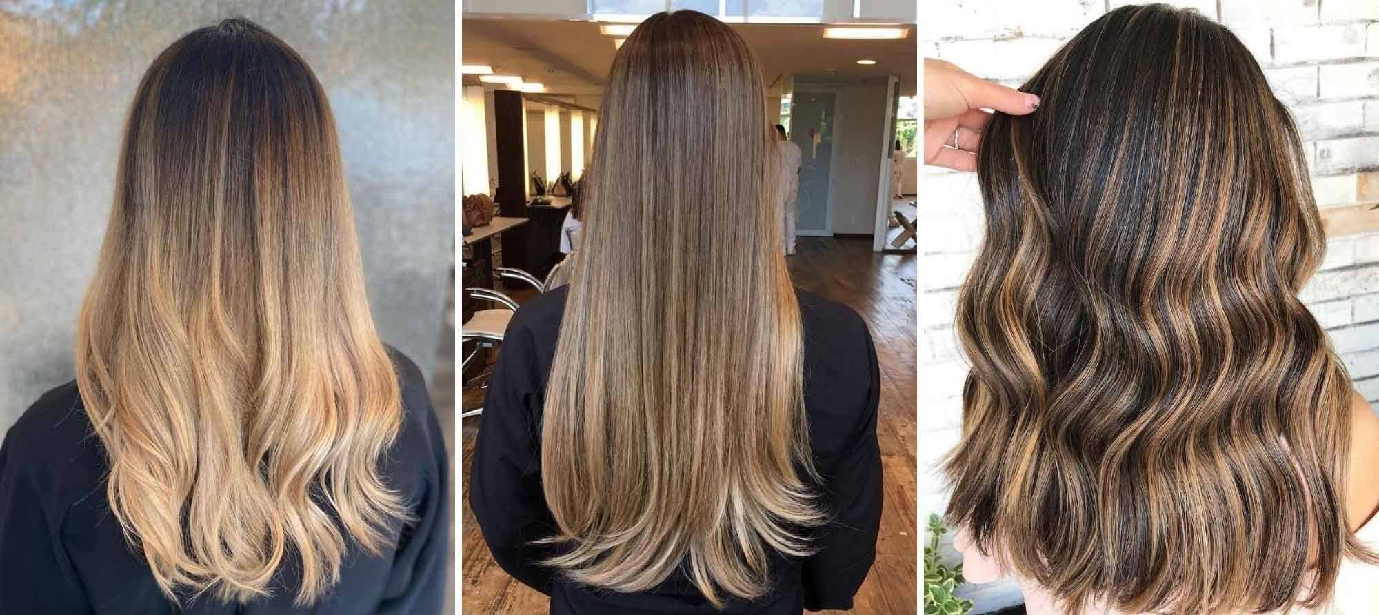 wanita dengan rambut panjang dicat ombre, balayage, highlight