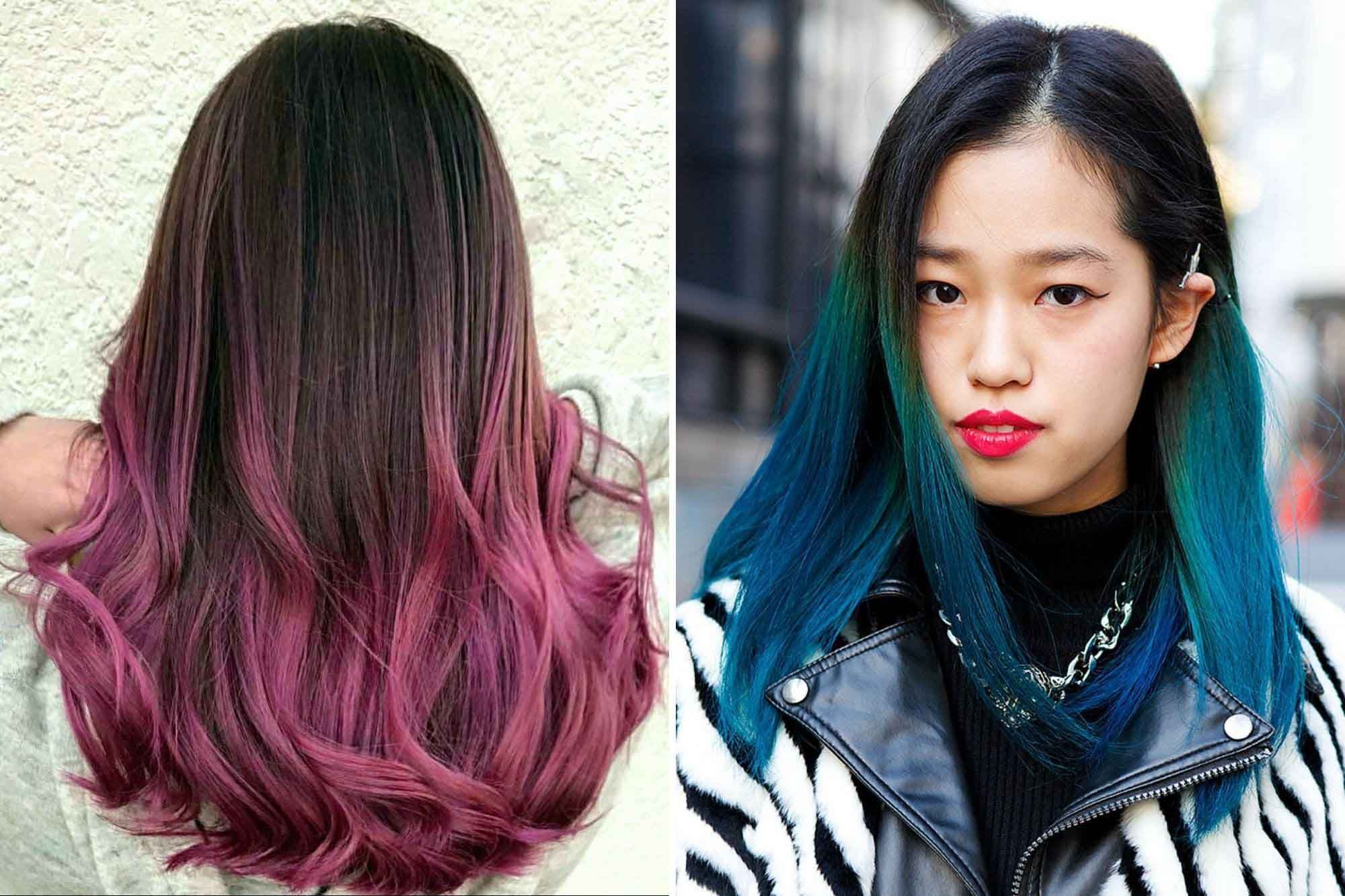 wanita asia dengan rambut panjang dicat ombre pink dan ombre biru