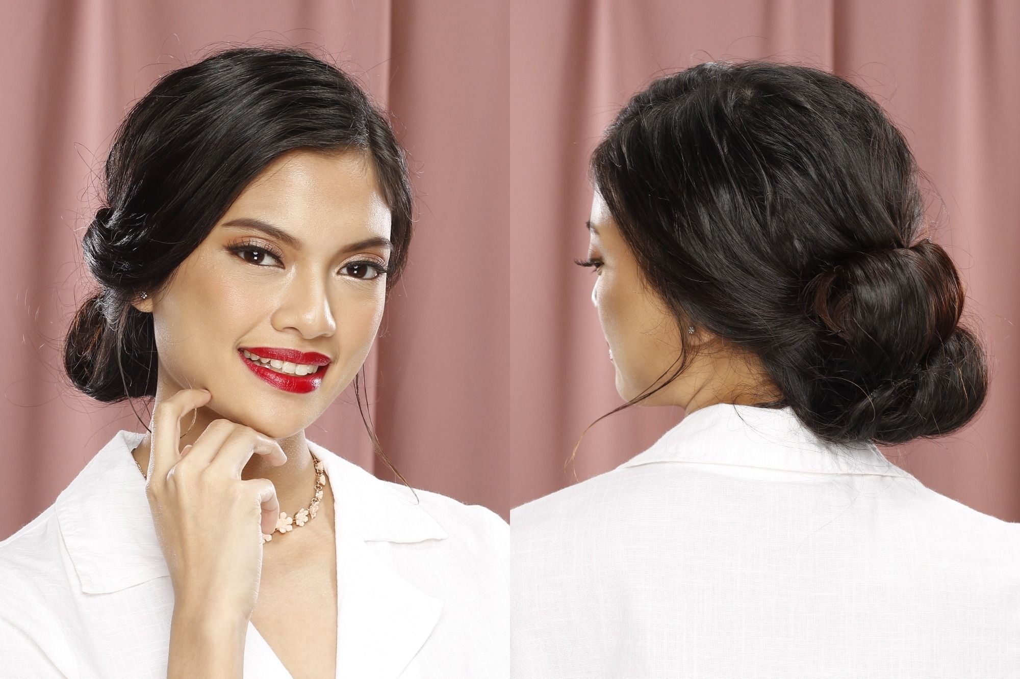 wanita asia dengan wajah kotak dan model rambut sanggul