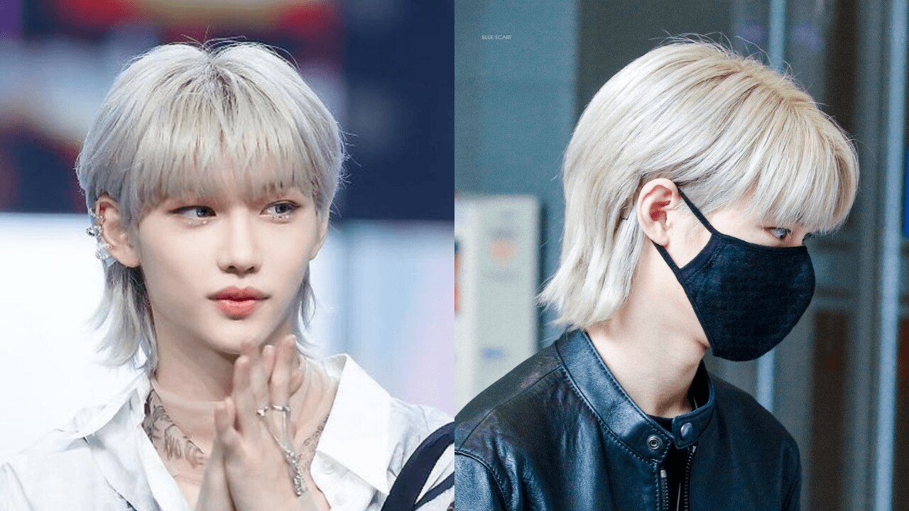 kpop idol felix stray kids dengan rambut mullet berwarna blonde platinum