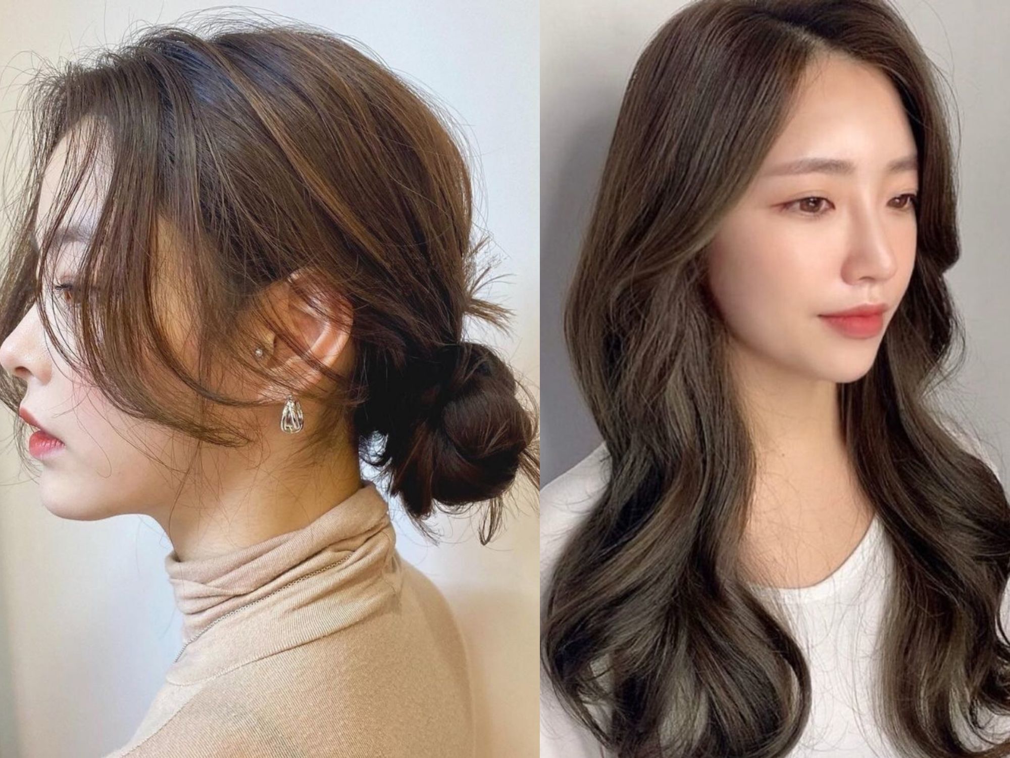 Foto wanita Asia dengan gaya rambut panjang cokelat yang ditata cepol dan dibiarkan tergerai panjang