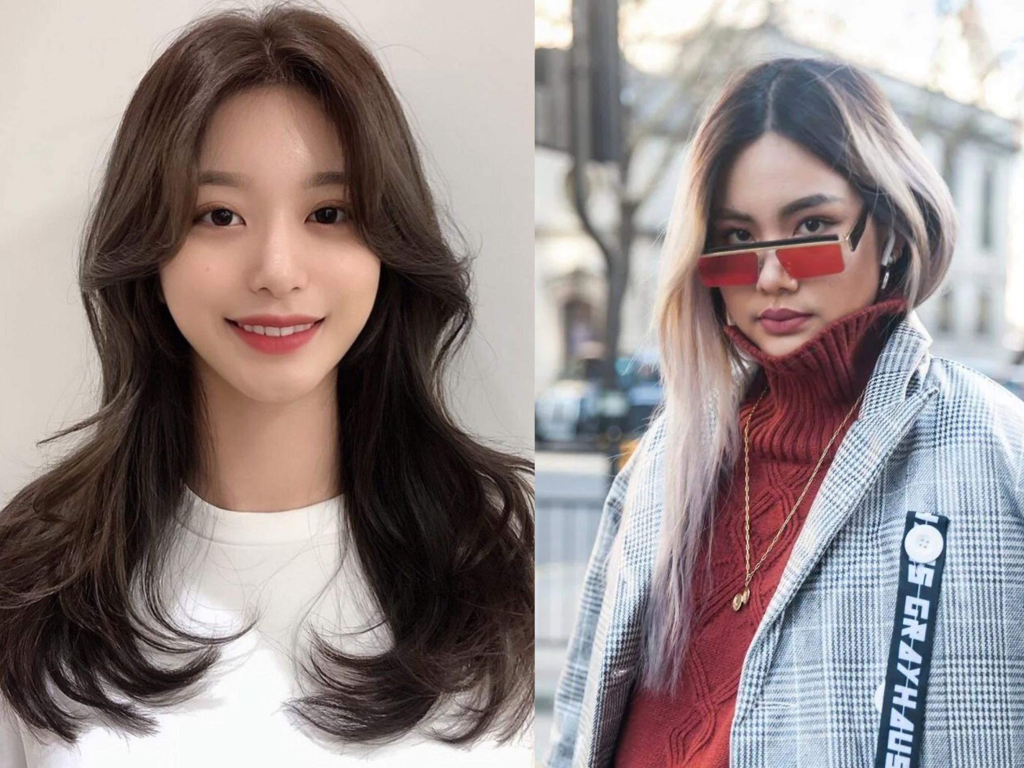 Foto wanita Asia dengan gaya rambut panjang layer dan rambut panjang lurus diberi warna pirang.