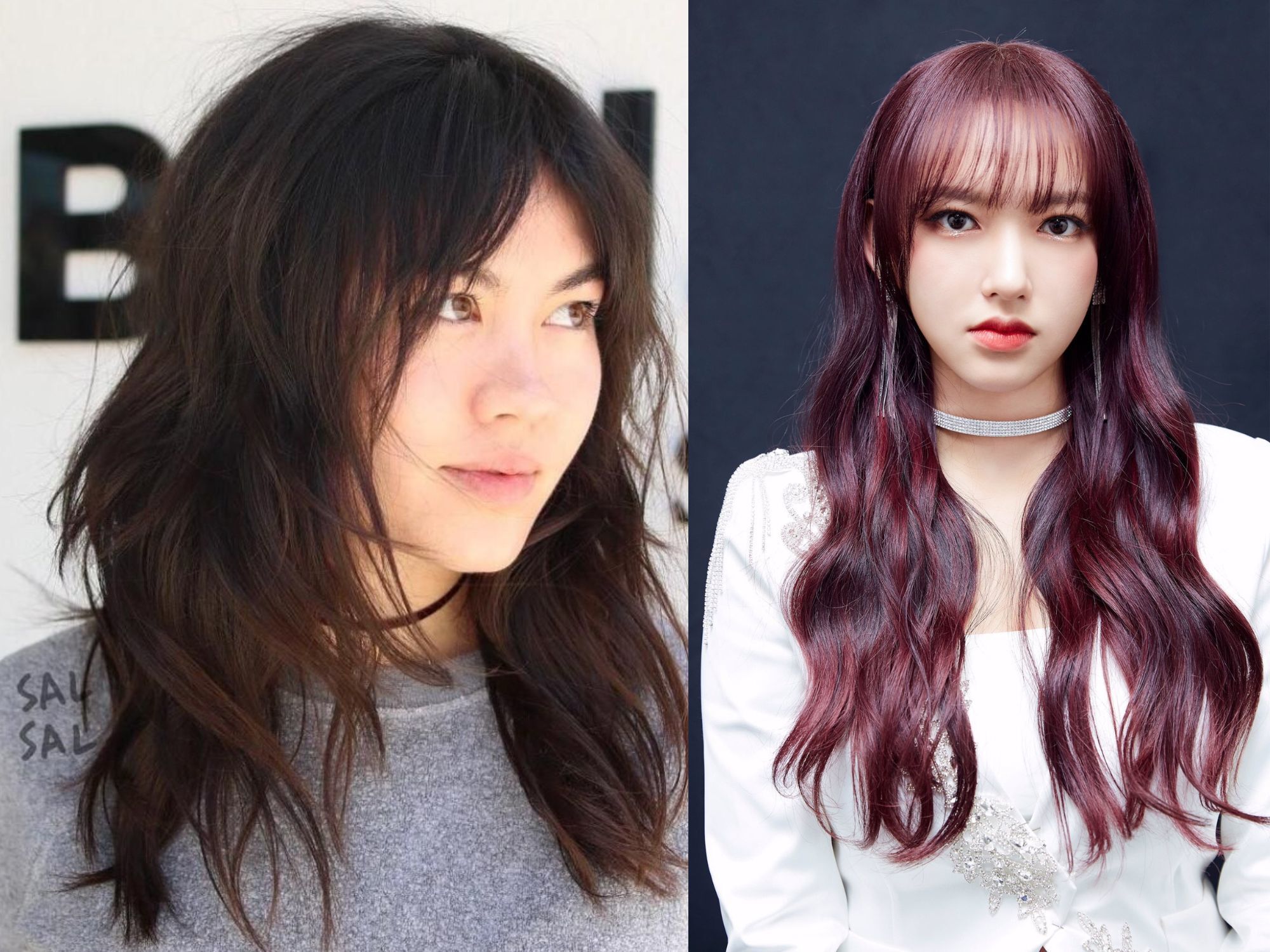 Foto wanita Asia dengan gaya rambut medium shaggy dan rambut panjang bergelombang warna marun.