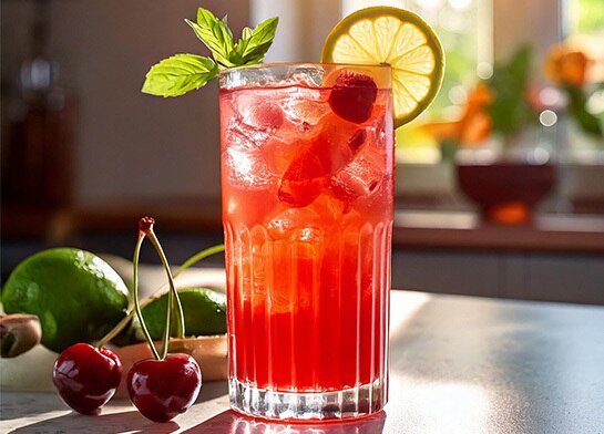 A tall glass of Cherry Ice Pop refresher with a lemon wheel on the side