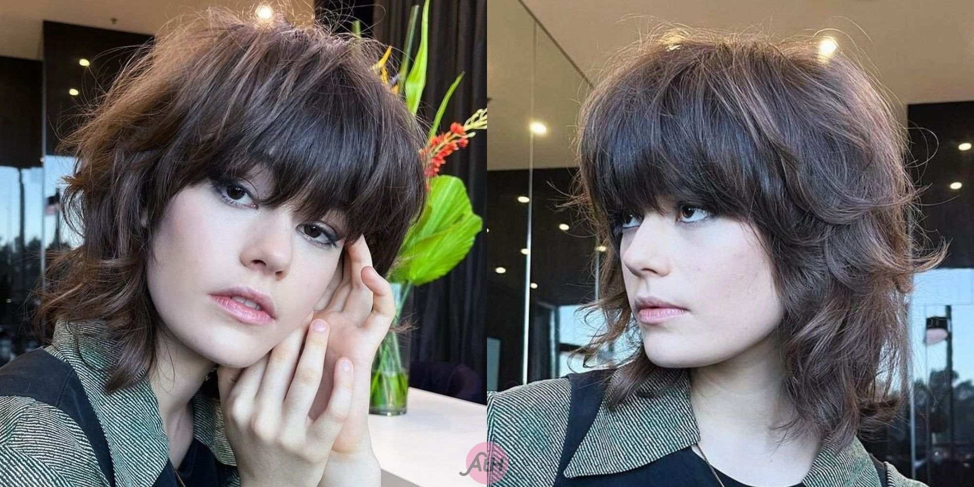 wanita kaukasia dengan rambut cokelat pendek potongan butterfly haircut pendek