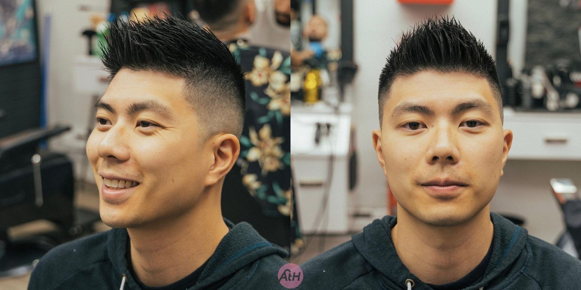 pria asia dengan potongan rambut faux hawk high fade