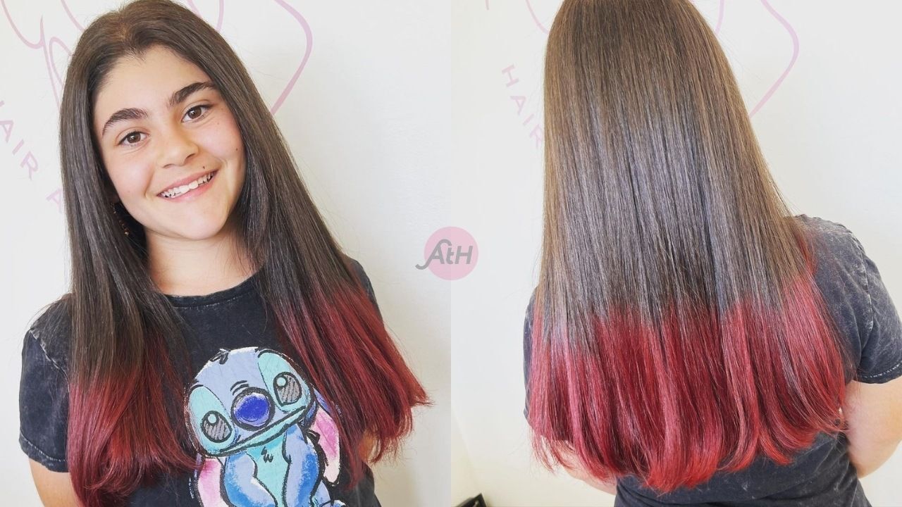 wanita dengan rambut panjang warna magenta dip dye hair