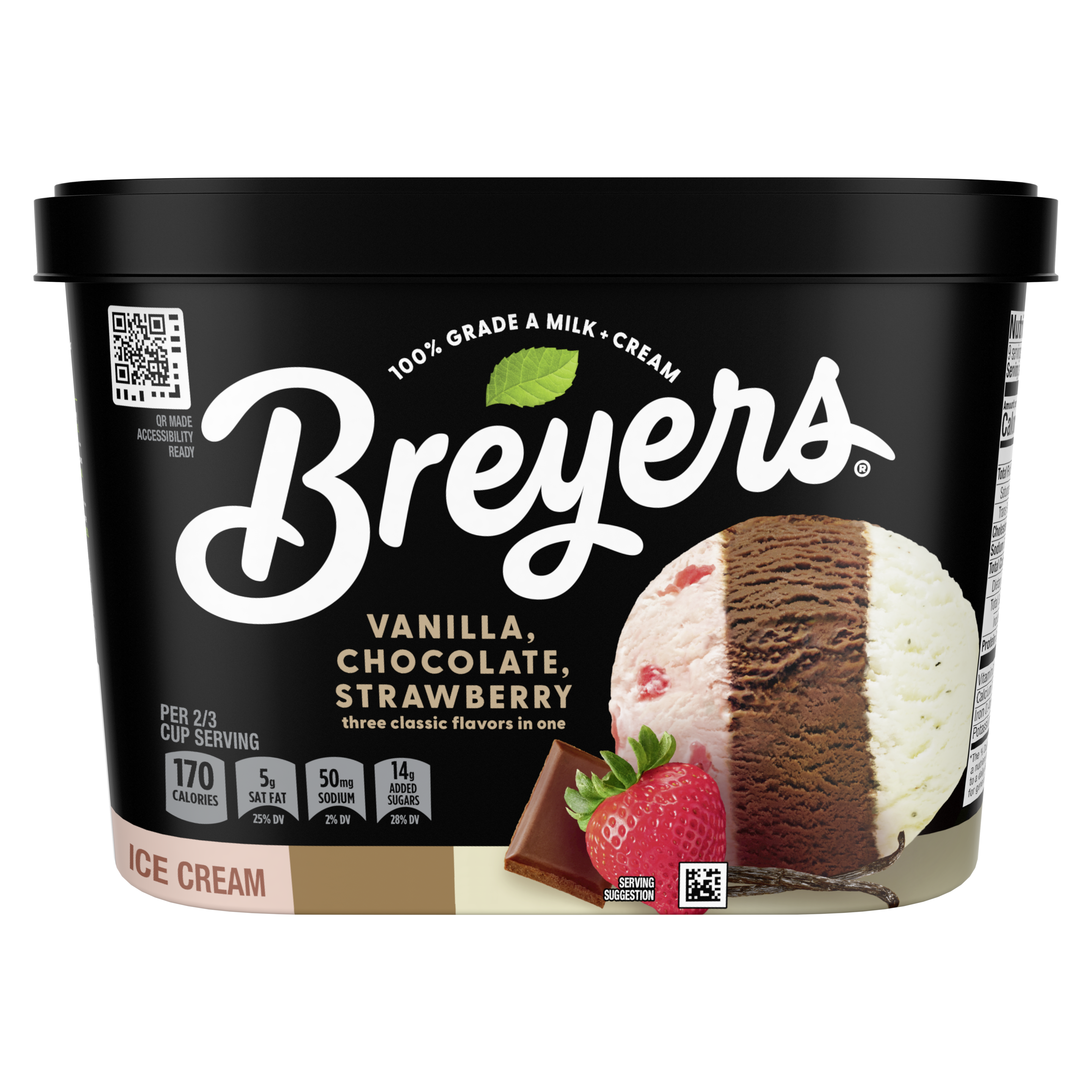A 48 ounce tub of Breyers® Vanilla Chocolate Strawberry front of pack