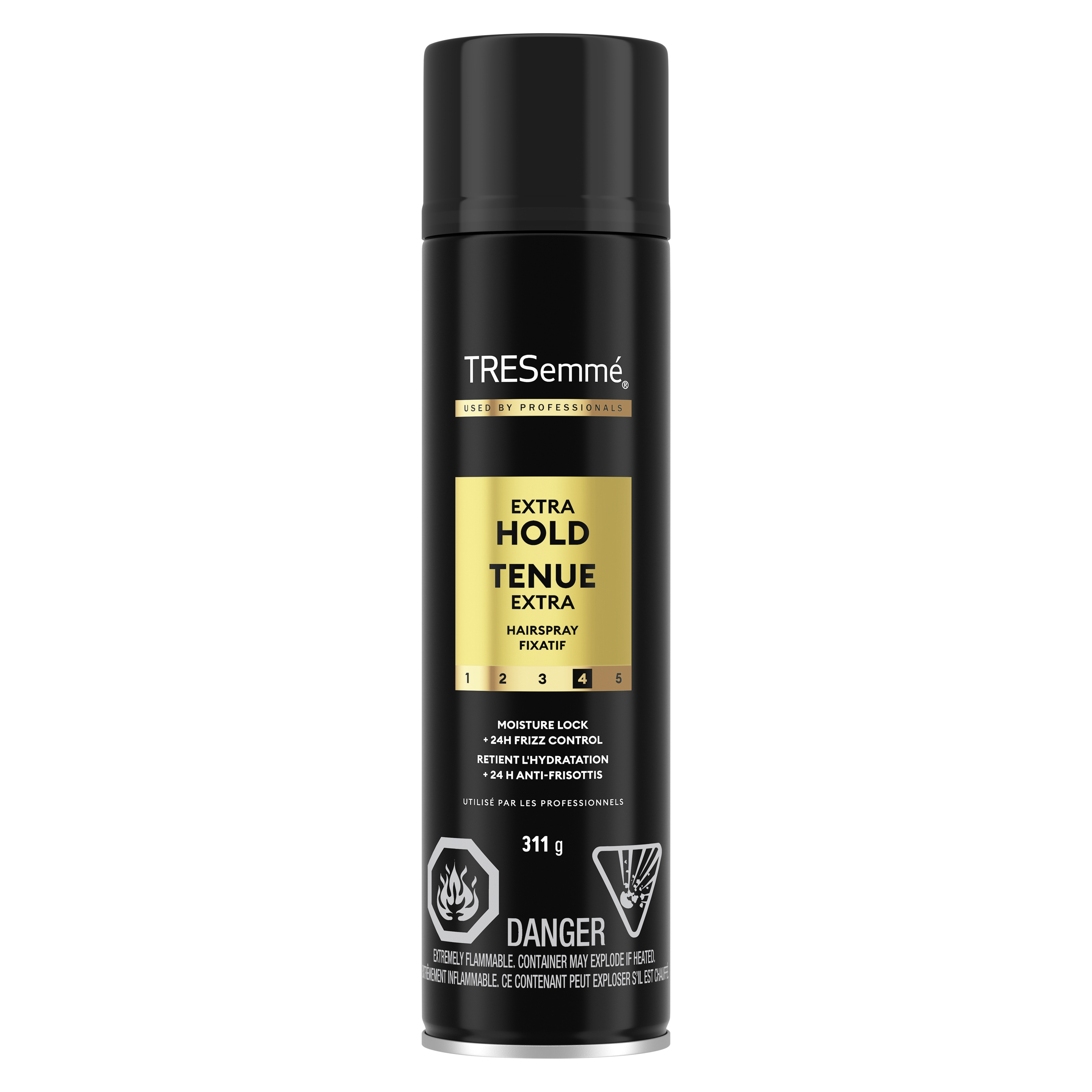 A 311 g can of Tres Two Extra Hold Hairspray back of pack image
