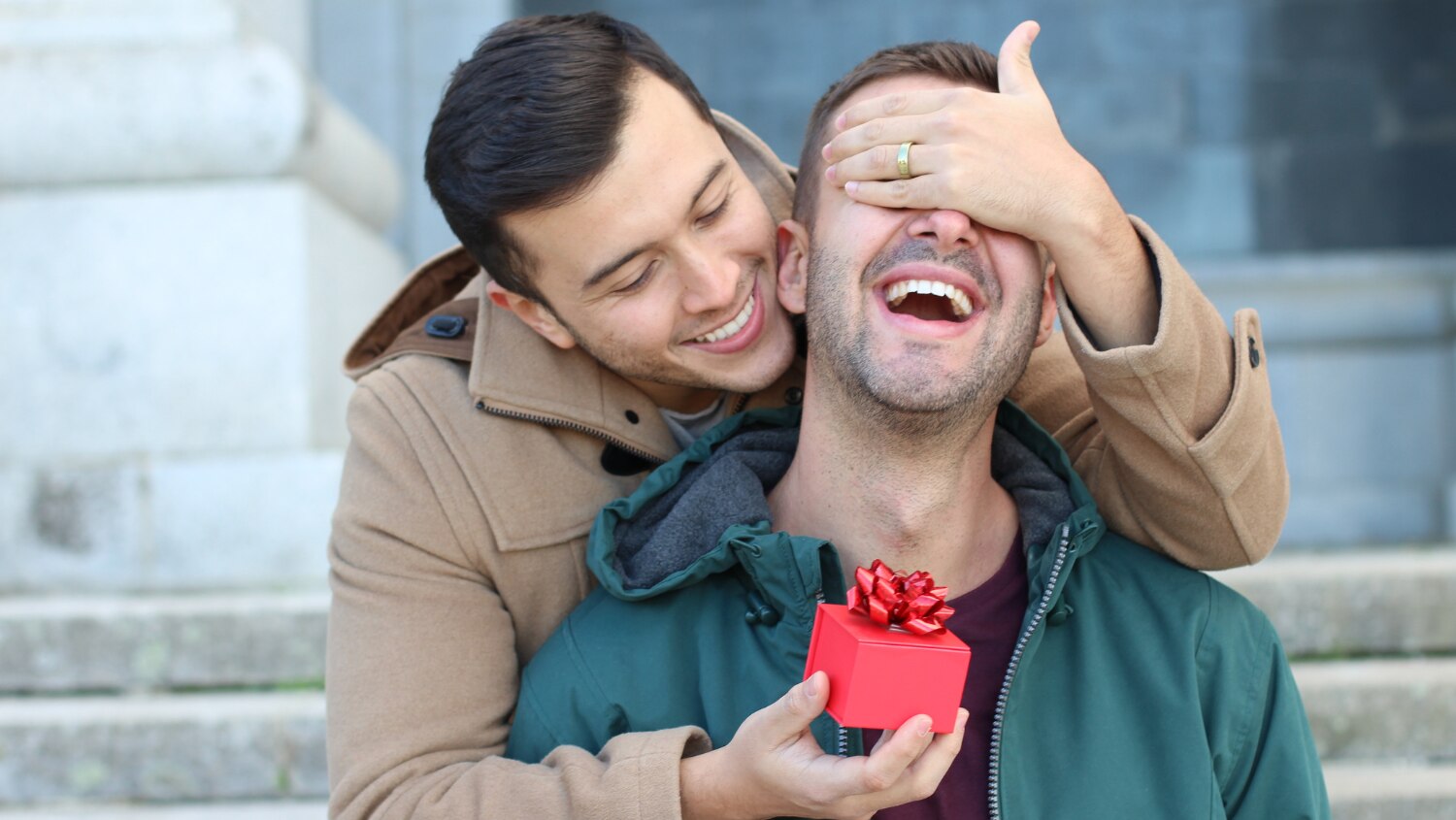 Couple exchanging gifts on Valentine’s Day