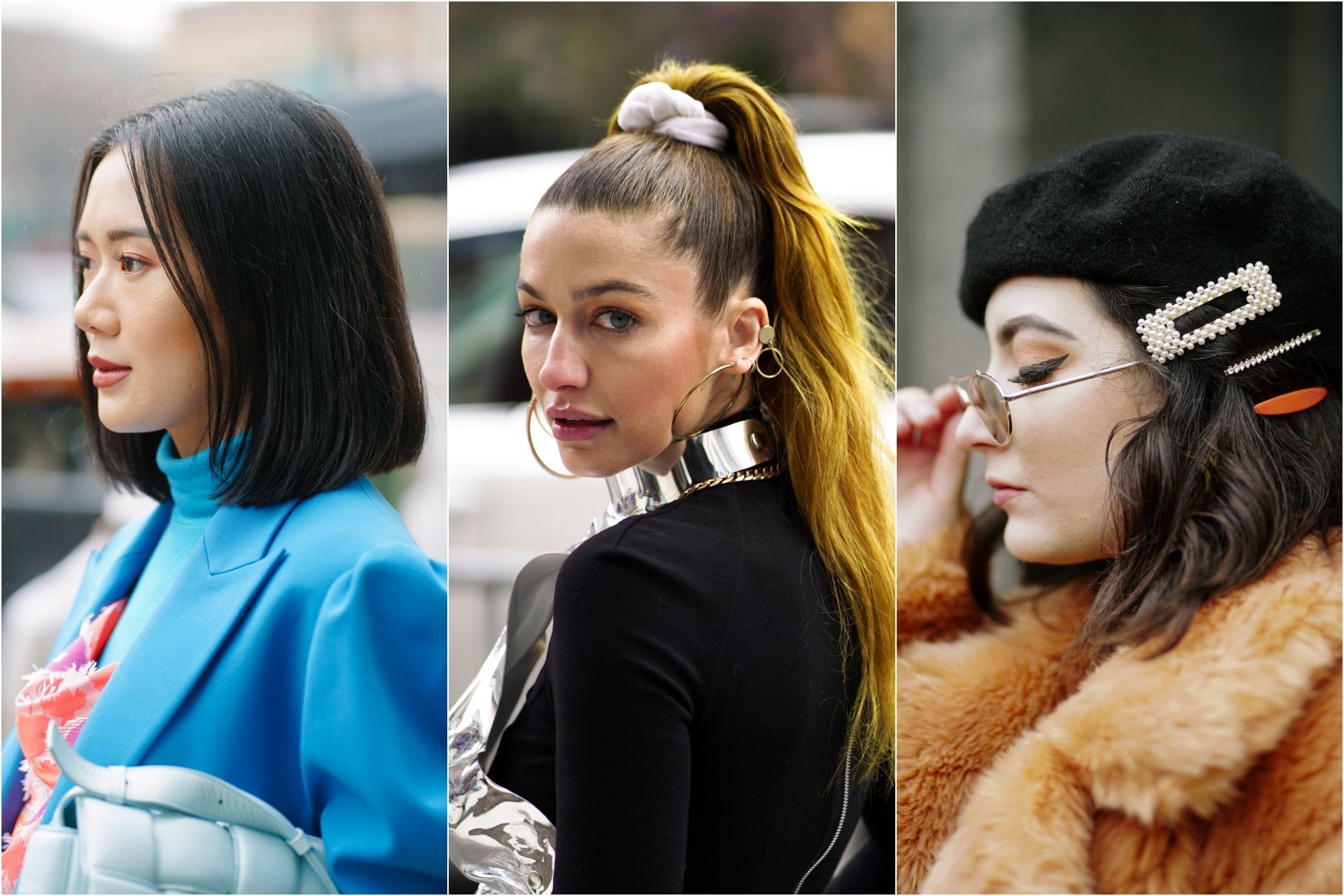 ผู้หญิงสามคน สามแนว คนแรกไว้ผมบ๊อบ คนที่สองมัดหางม้าสูง คนที่สามติดกิ๊บ