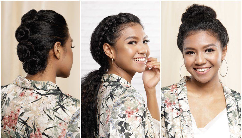 ผู้หญิงเอเชีย ไว้ผมยาวหยิก สีดำ ไว้ผม 3 ทรง ดังโงะ ถักเปีย