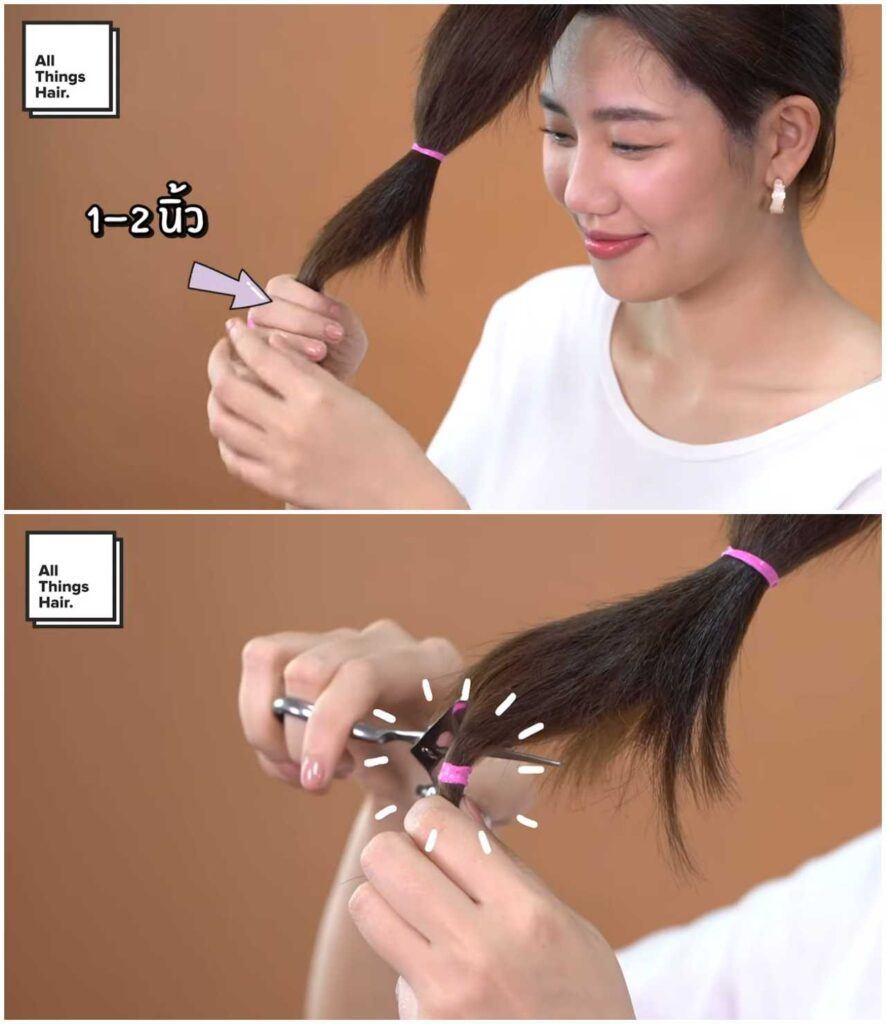 ผู้หญิงไทยผมยาวสีดำ กำลังสาธิตวิธีตัดผมด้วยตัวเอง