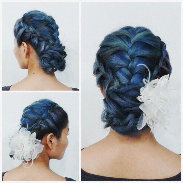 ทรงผมเปียเจ้าสาว เปียเกล้า ผมสีน้ำเงิน ผมเกล้าดอกไม้