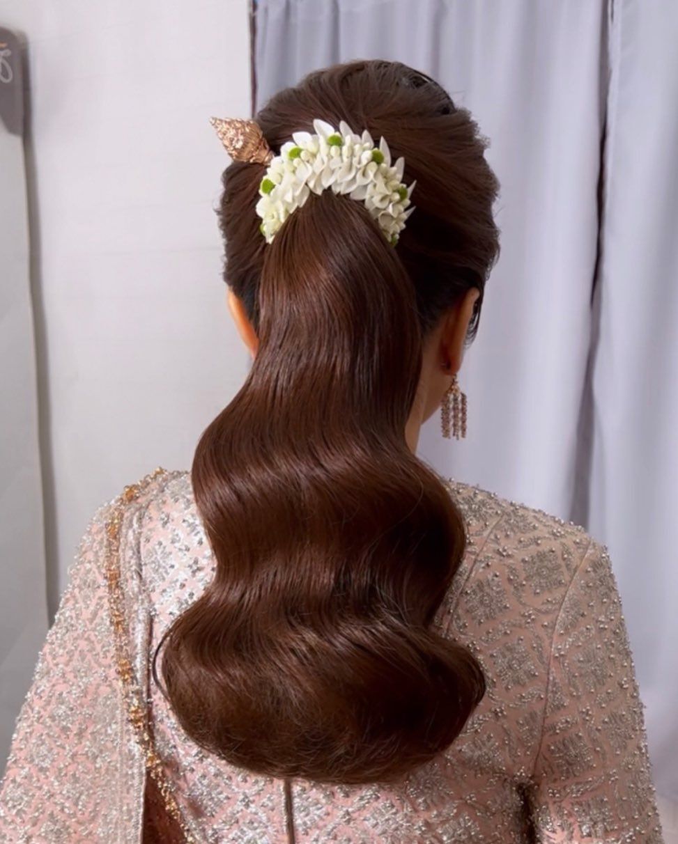 ทรงผมเจ้าสาวชุดไทยผมยาวรวบหางม้า