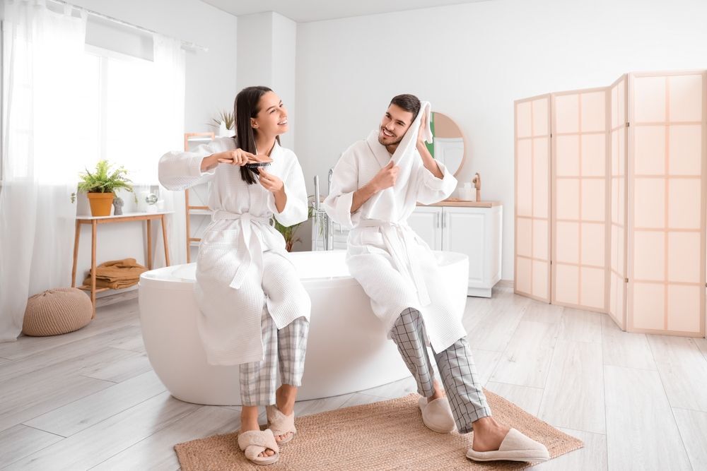 ชาย หญิง ฝรั่ง ในชุดคลุมอาบน้ำสีขาว เช็ดตัว หวีผม