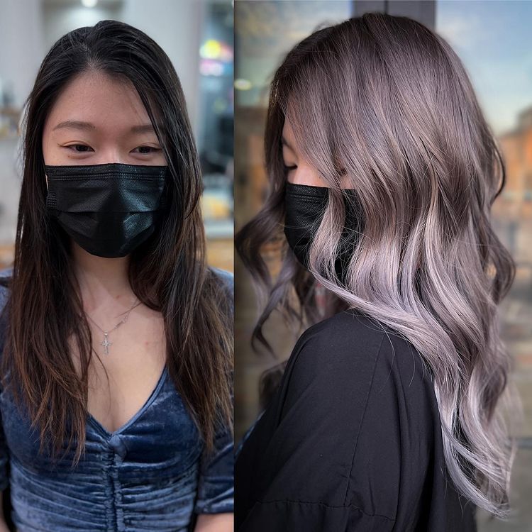 ผู้หญิงผมยาว ทำสีผม สีน้ำตาลเทาชมพูหม่น 