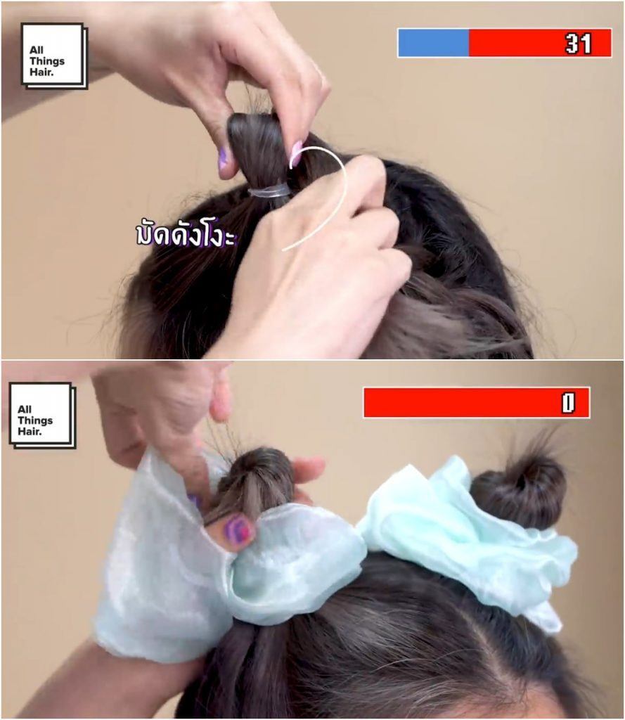 ผู้หญิงเอเชีย ไว้ผมสั้น สีดำ รวบผมบันสองข้าง โดยใช้ Jumbo Scrunchies