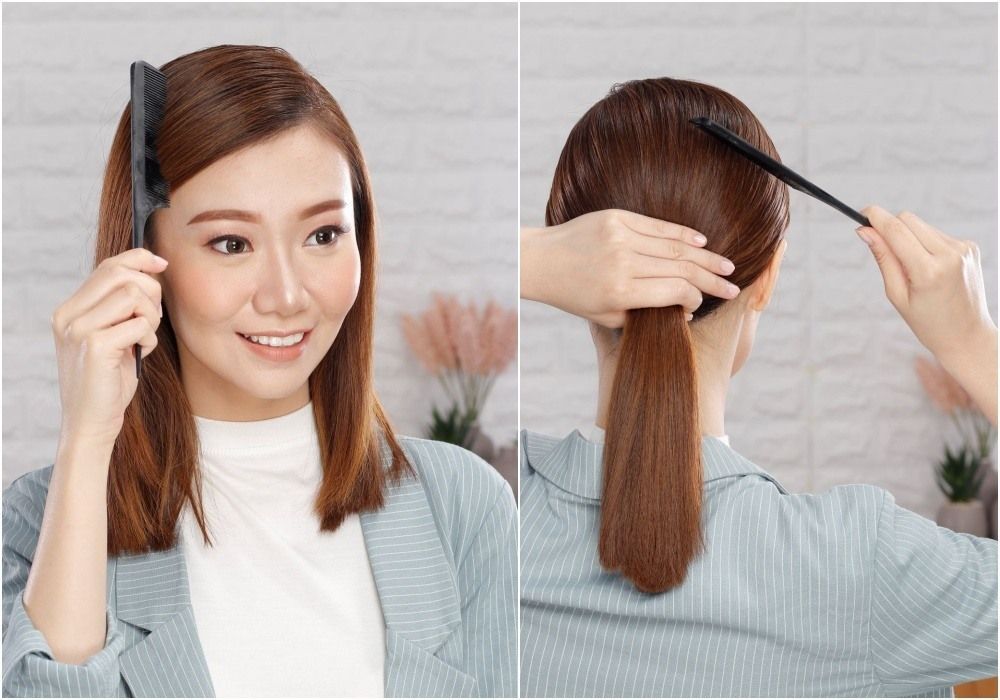 ผู้หญิงเอเชีย ผมยาวประบ่า สีน้ำตาลเข้ม กำลังรวบผม