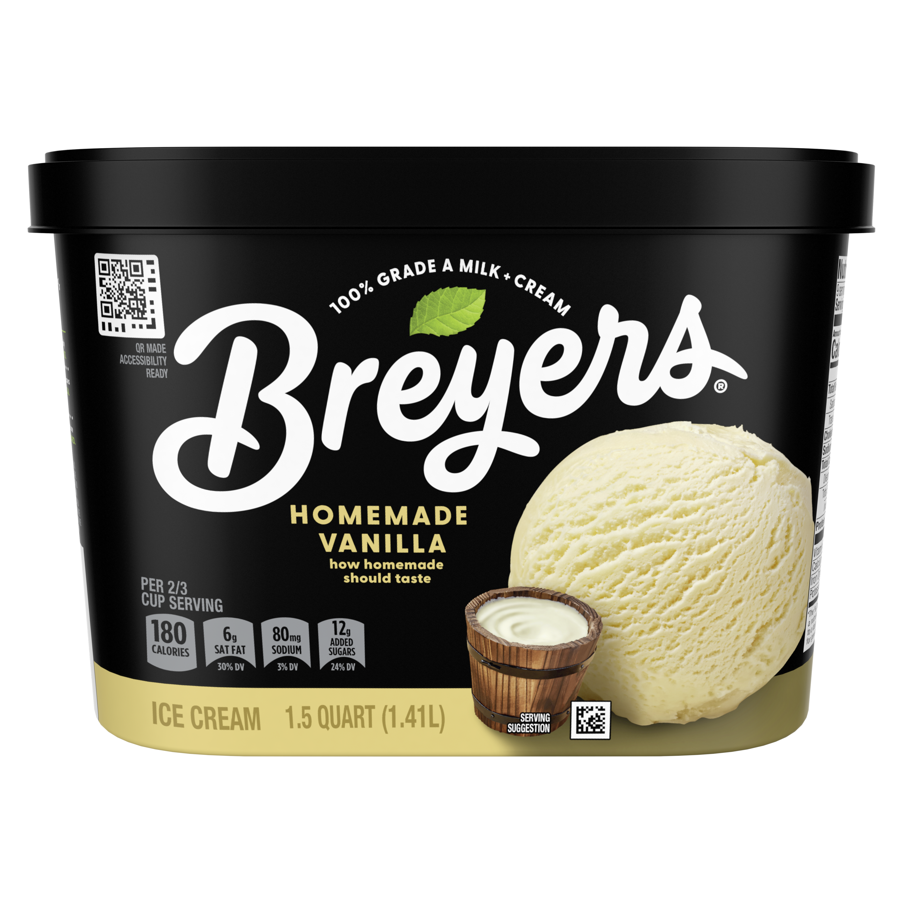 Un envase de 48 onzas de Breyers® Homemade Vanilla en la parte frontal del paquete