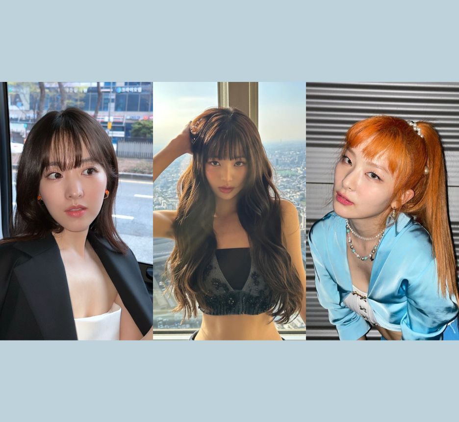 A collage of Park Bo Young, Jang Wonyoung, and Kang Seulgi with Korean bangs.