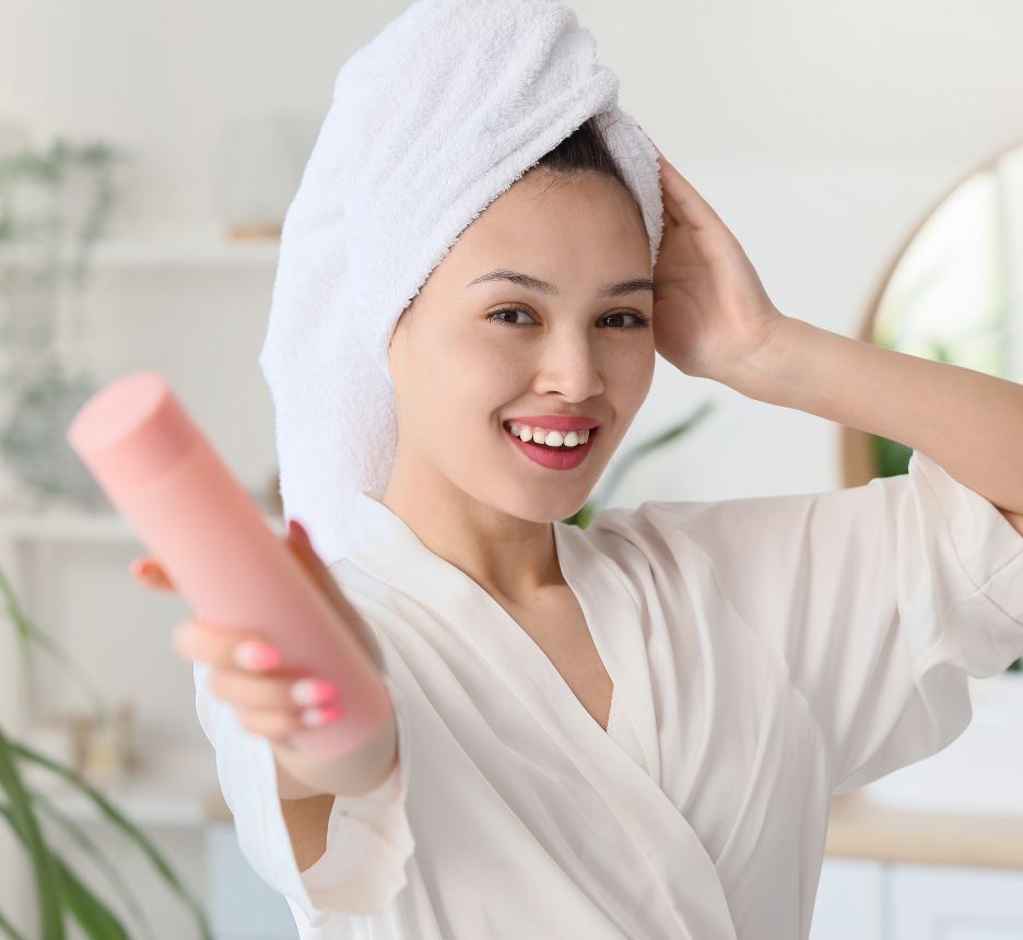 Woman with her hair wrapped in towel holding a shampoo bottle.
