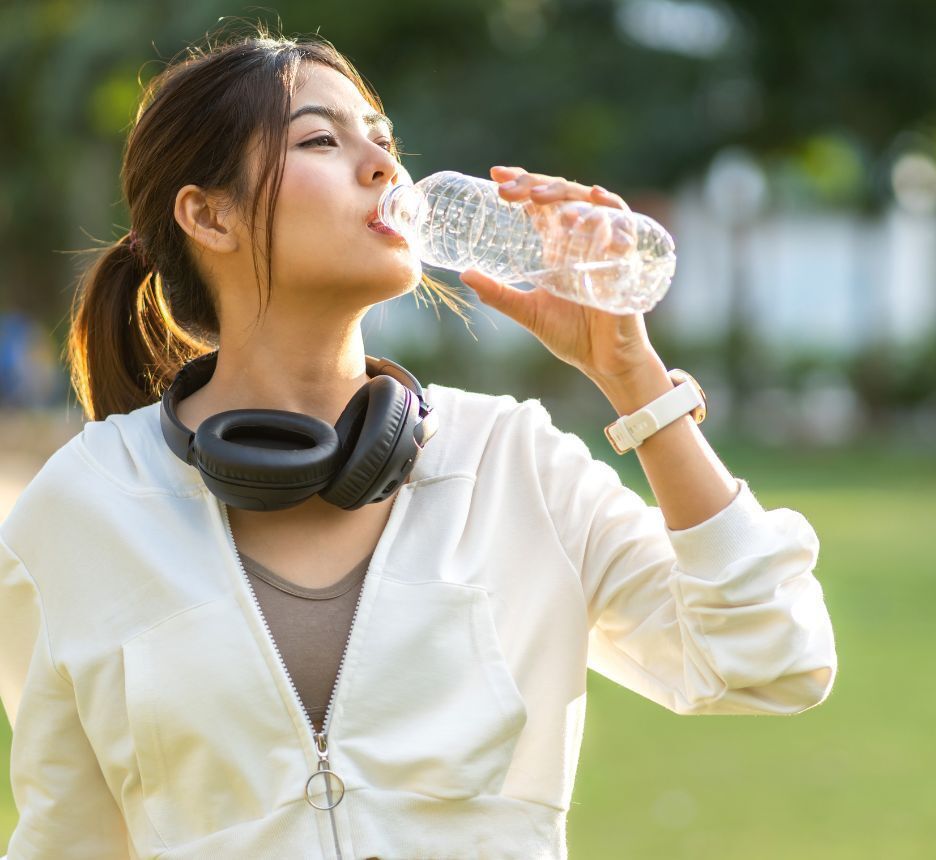 Woman drinking a bottle of water after a workout.