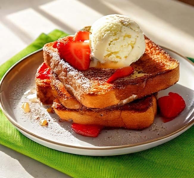 French toast topped with vanilla ice cream and strawberries