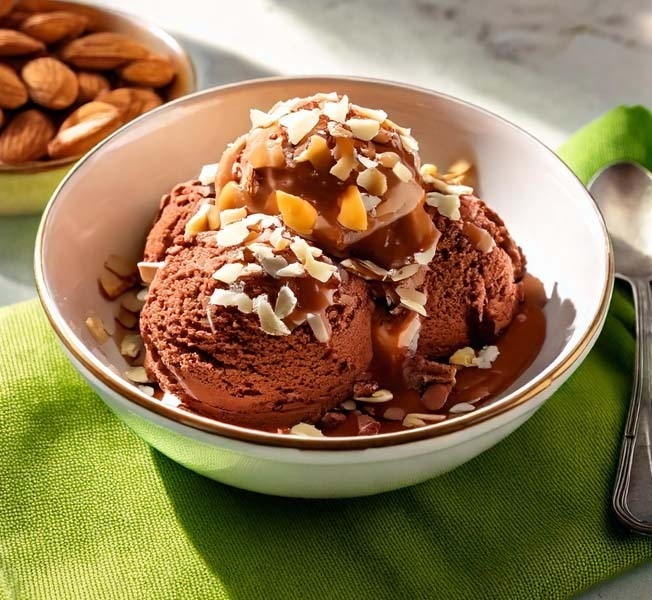 Close-up of chocolate ice cream scoops topped with crunchy nuts