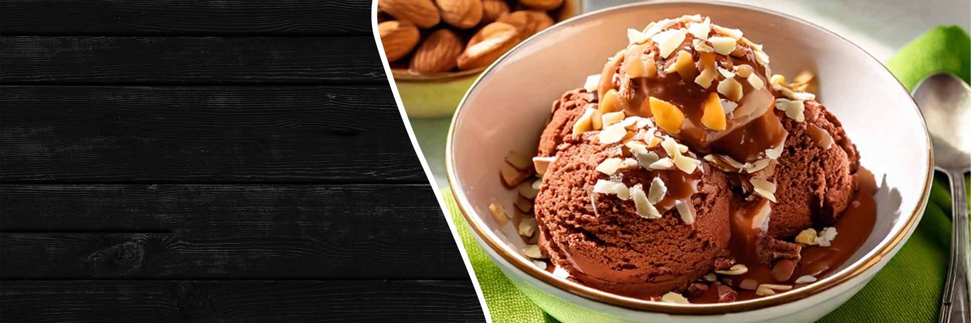 Close-up of chocolate ice cream scoops topped with crunchy nuts