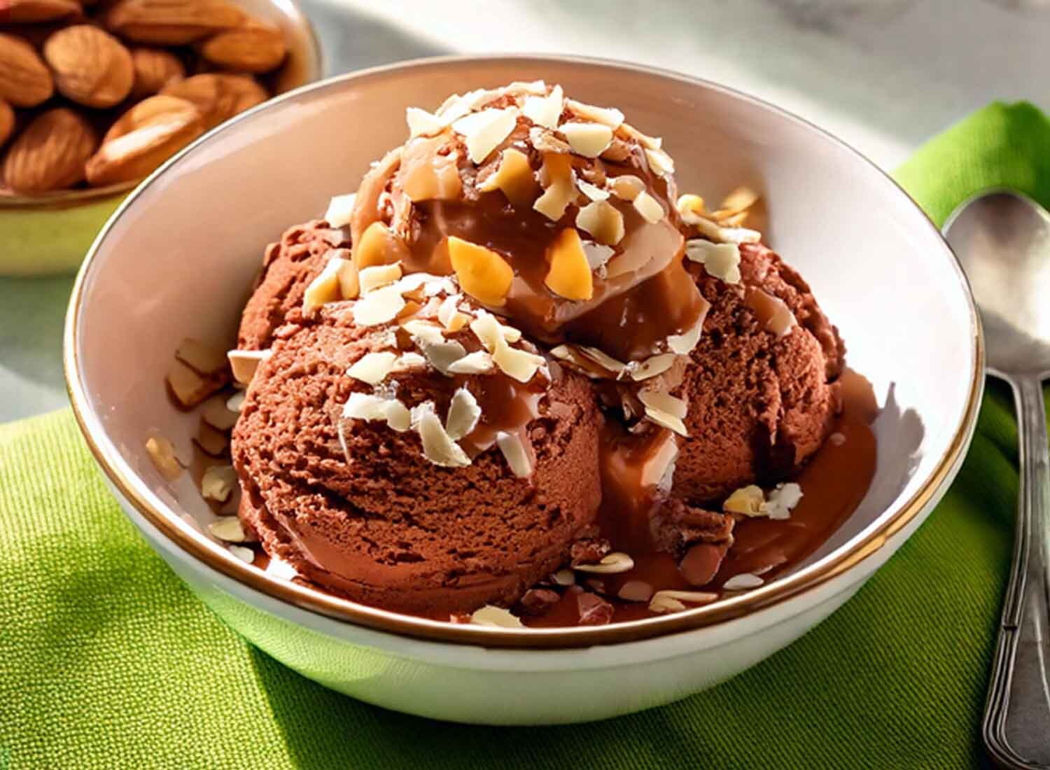 Close-up of chocolate ice cream scoops topped with crunchy nuts