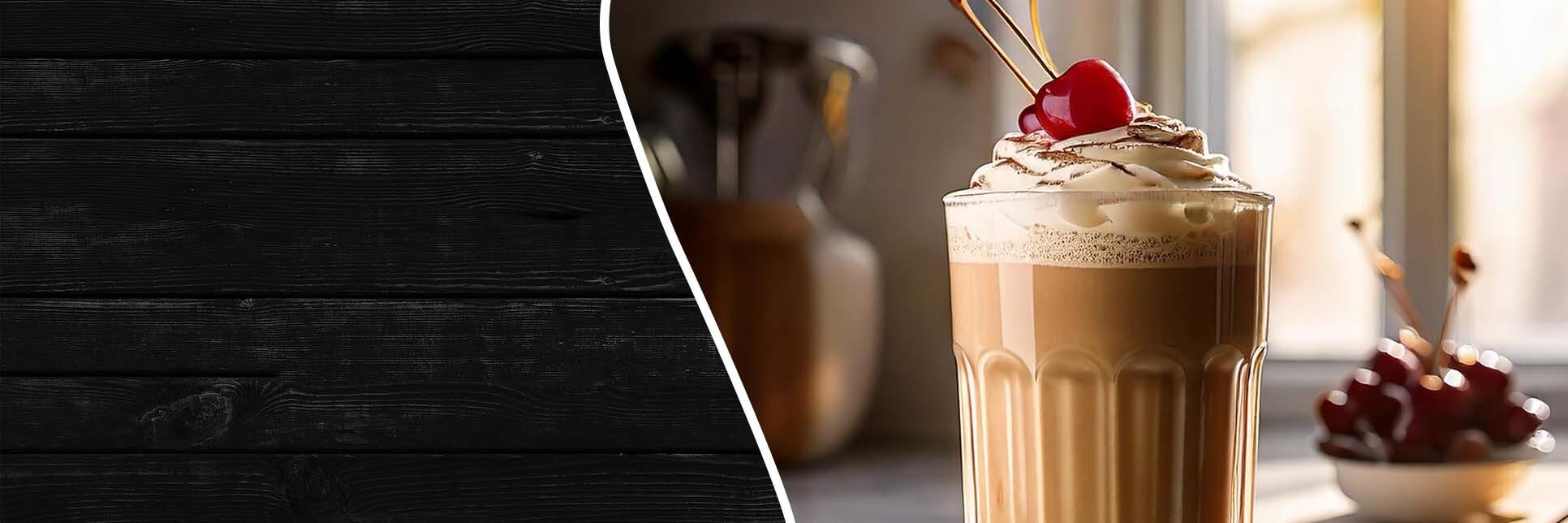 Vanilla bourbon milkshake in a glass topped with Maraschino cherry