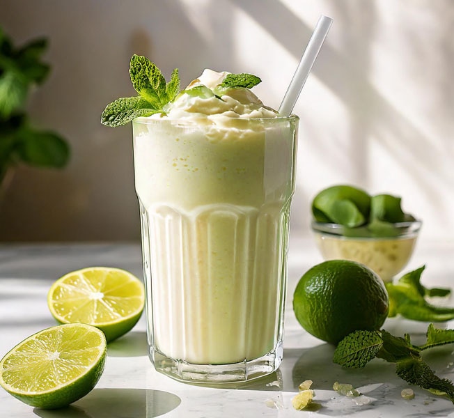Mojito ice cream shake in a glass surrounded by lime slices and limes