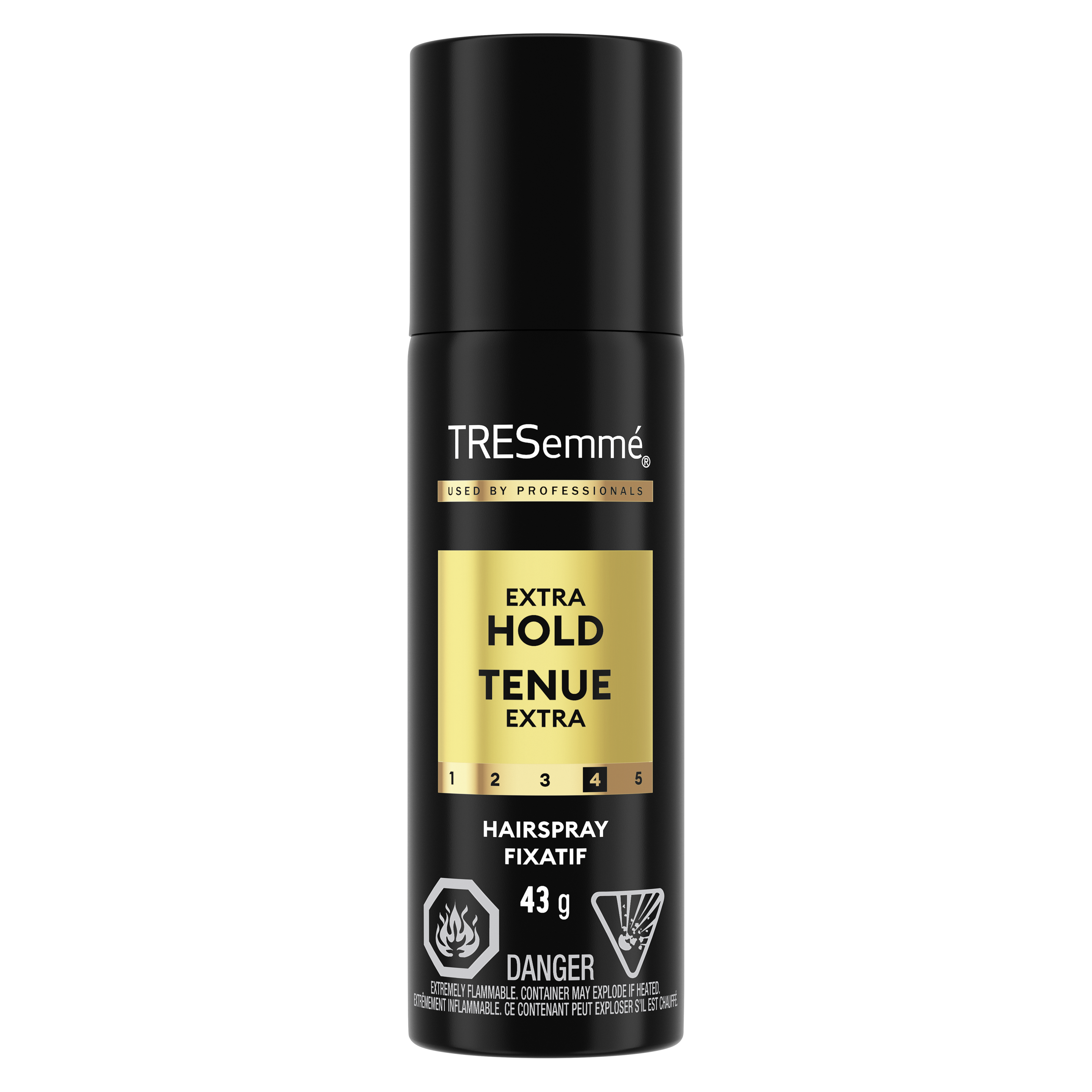 A 43 g can of Tres Two Extra Hold Hairspray back of pack image