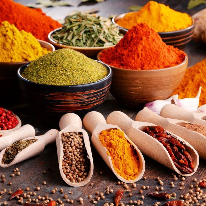 Colourful spices and curry powders