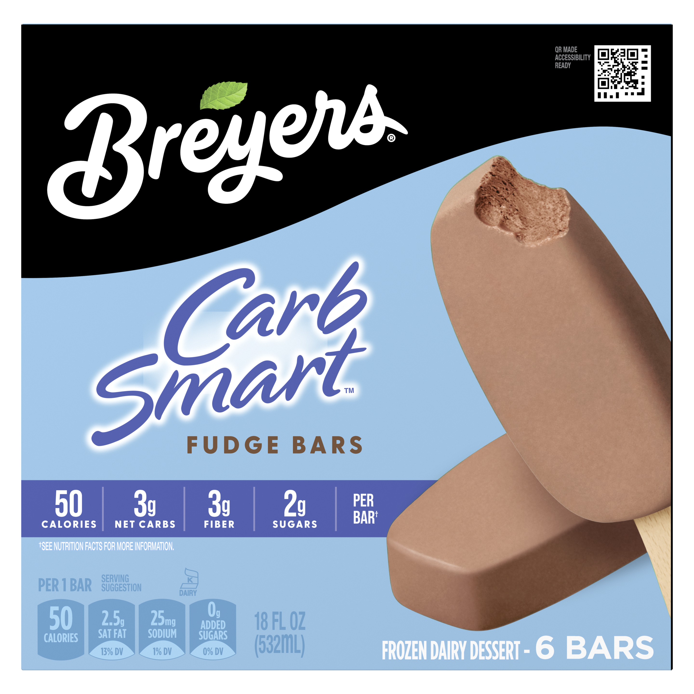 A 6 pack carton of Breyers® CarbSmart™ Fudge Bar front of pack