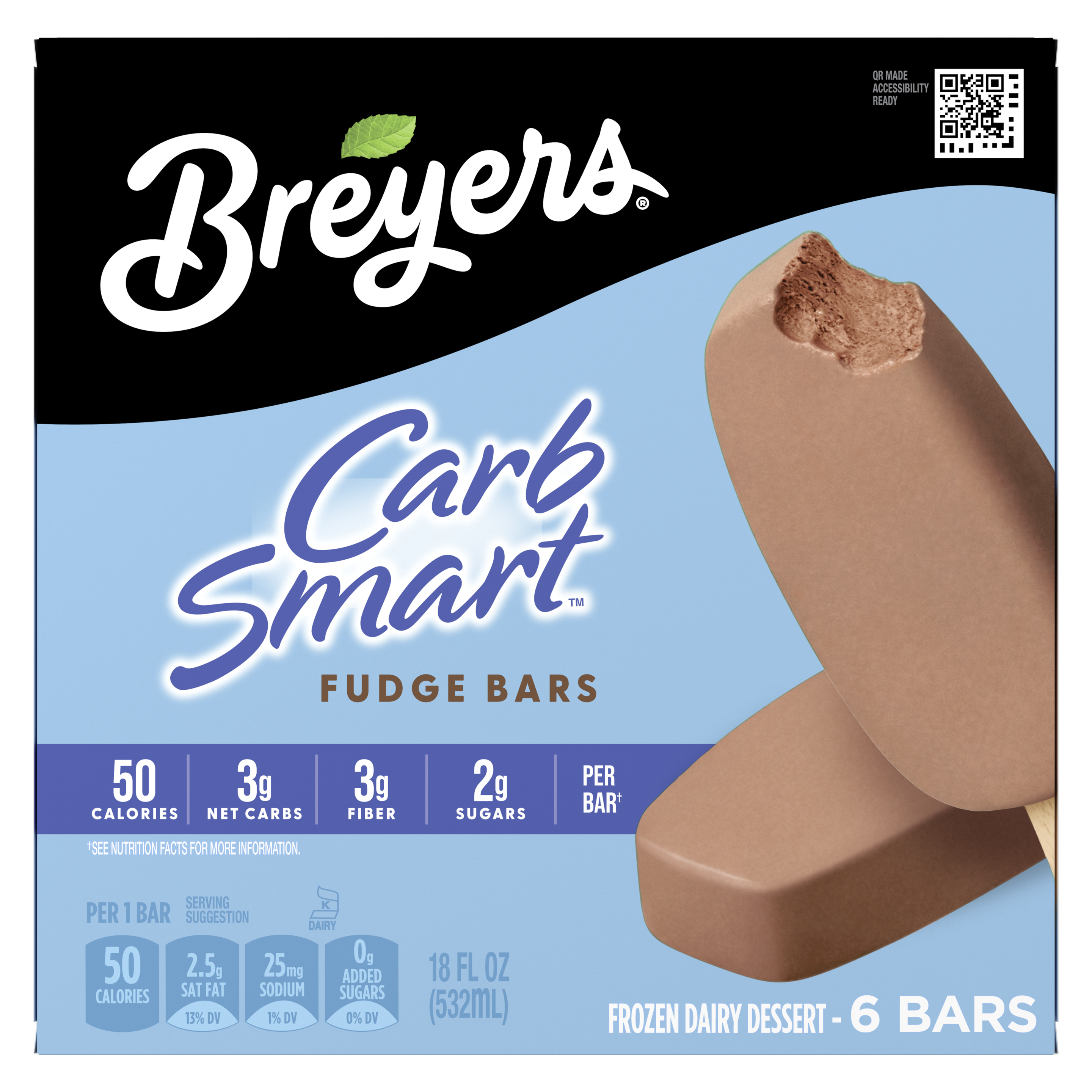 A 6 pack carton of Breyers® CarbSmart™ Fudge Bar front of pack