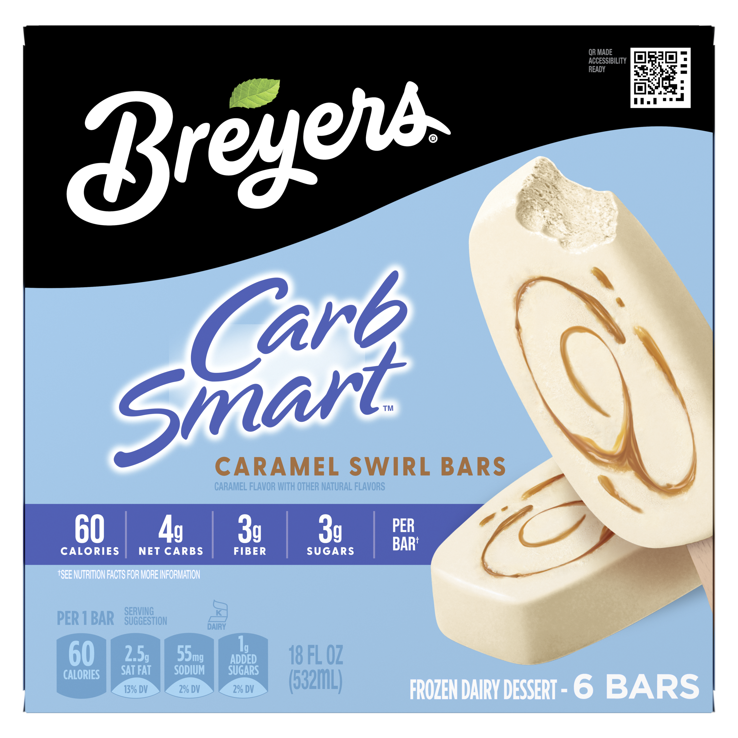 A 6 pack carton of Breyers® CarbSmart™ Caramel Swirl Bars front of pack